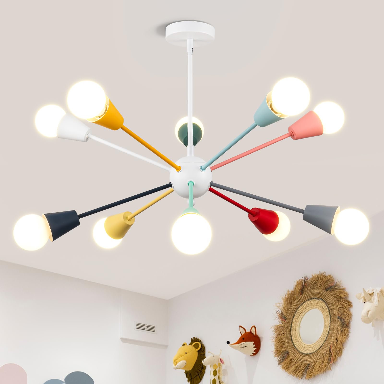 Ymlii Colorful Sputnik Chandeliers, 10-Light Dining Room Light Fixture Height Adjustable Modern Chandelier Lighting Kids Ceiling