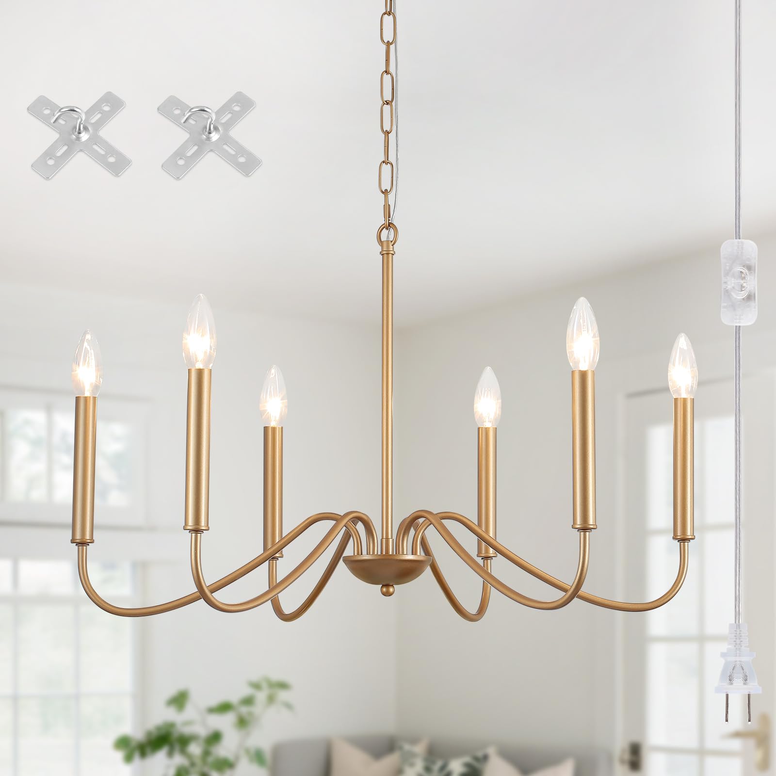 OWBLBWO 6 Light Plug in Chandelier, Pendant Light Hanging Light Fixture with Plug in Cord 15.1ft & Switch, Plug in Gold Chandeli