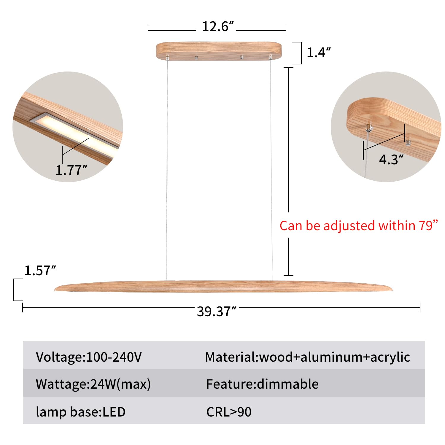 Yisdesign 39'' 24W Wood Led Linear Pendant Light Fixture Led Dining Room Light Dimmable Hanging Light Fixture For Dining Room Ki