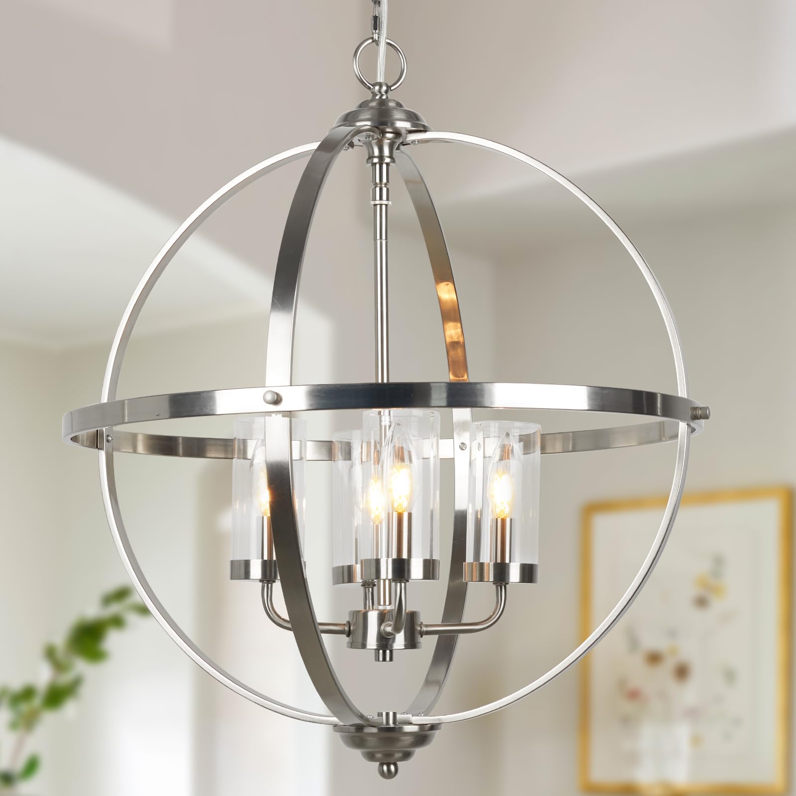 Treekee 20'' Globe Chandelier Brushed Nickel Chandeliers, 4-Light Modern Orb Chandelier, Luxurious Hanging Light Fixture with Gl