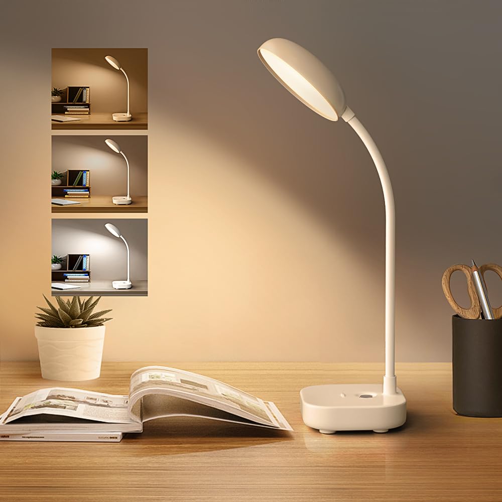 Small Desk Lamps For Small Spaces,2 Pack White,Rechargeable Desk Lamp Battery Powered,3 Light Colors,Eye Protection Light,10 Adj