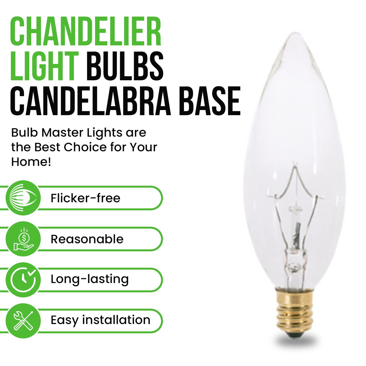 Bulbmaster 15 Watts Blunt Tip Decorative Light Bulbs Chandelier Light Bulb Candelabra Base Torpedo Clear Straight Dimmable Incandescent Light Bulbs, E12 Base Lamps Pack Of 12