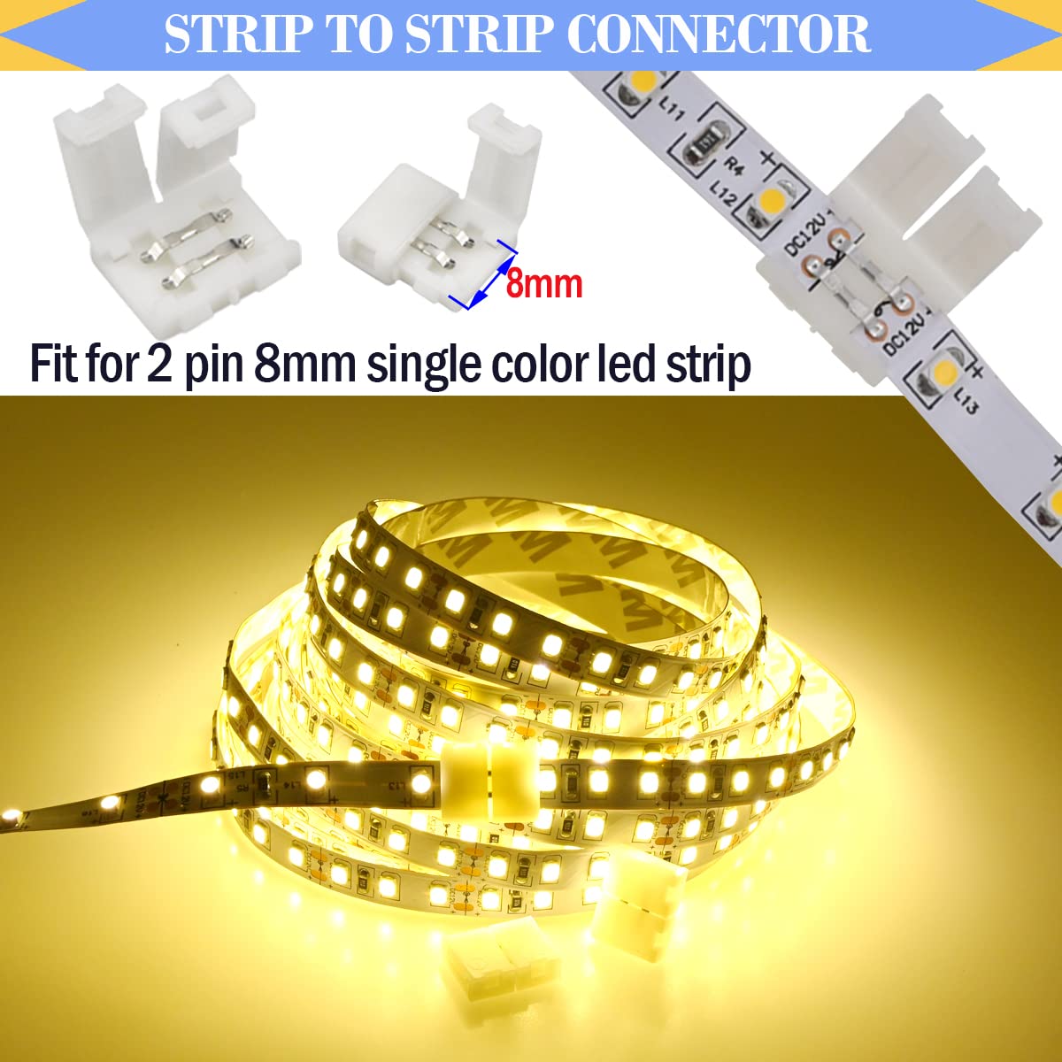Nisico 2 Pin Led Strip Connector,Include Solderless Connectors,Dc Connector And 2 Way Splitter For 8Mm 3528/2835 Led Strip Light