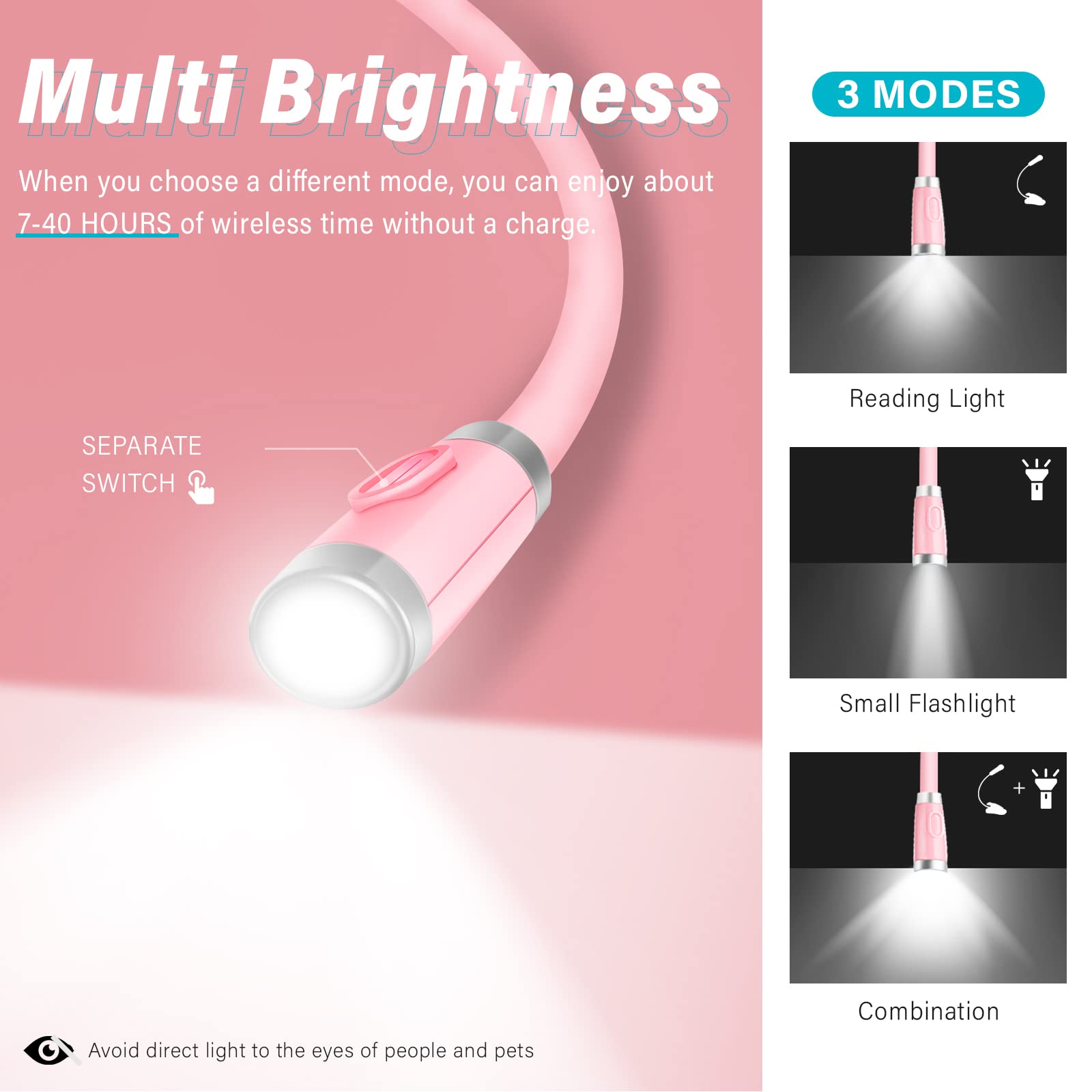 Vekkia Rechargeable LED Neck Reading Light, 3 Brightness Levels, Flexible Silicone Arms, Pink, Model 4LED-NL