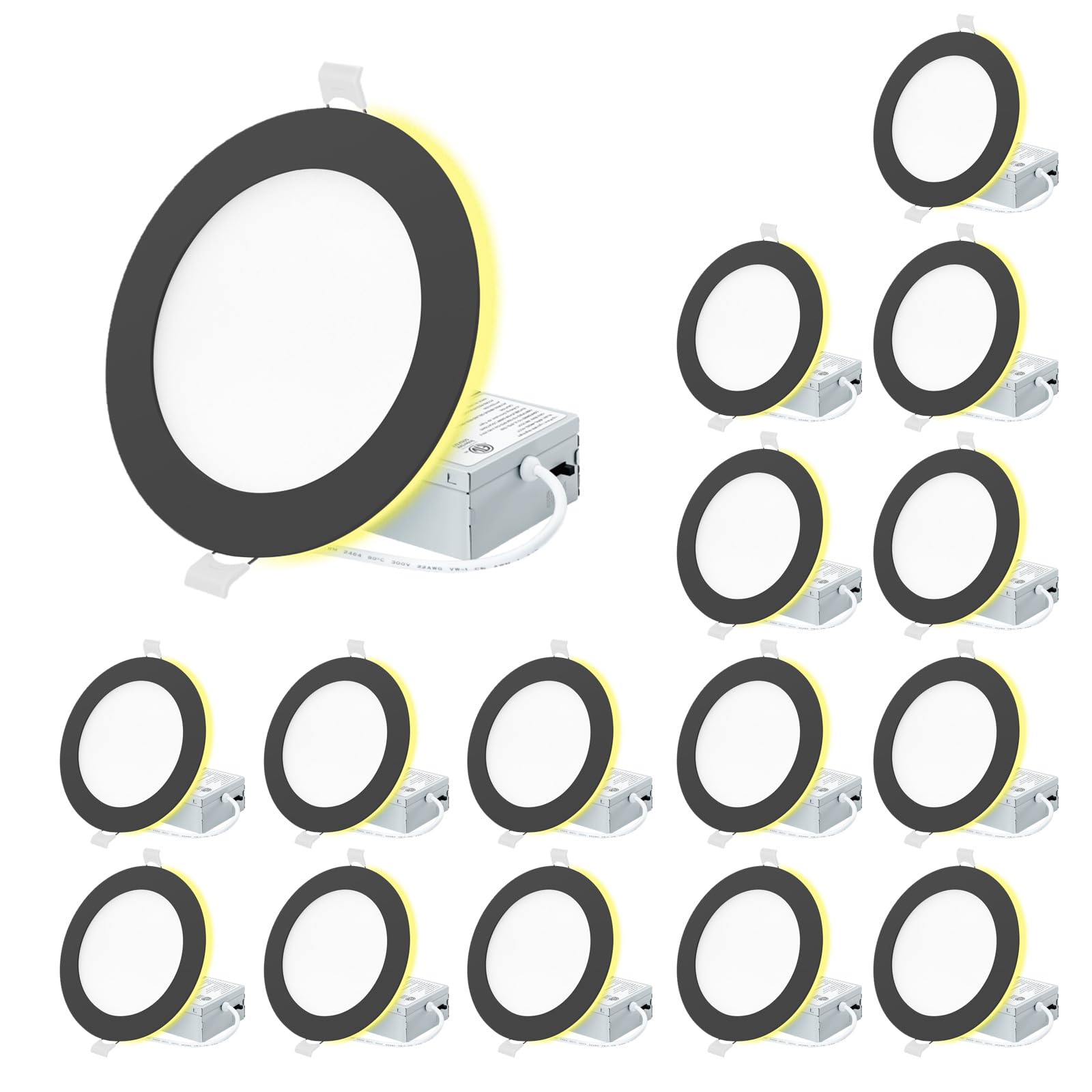 Eosmile 6 Inch Black Recessed Lighting With Night Light 16 Pack Canless Wafer  12W  120V  1100Lm  2700K-5000K Selectable  Dimmable  Etl Fcc