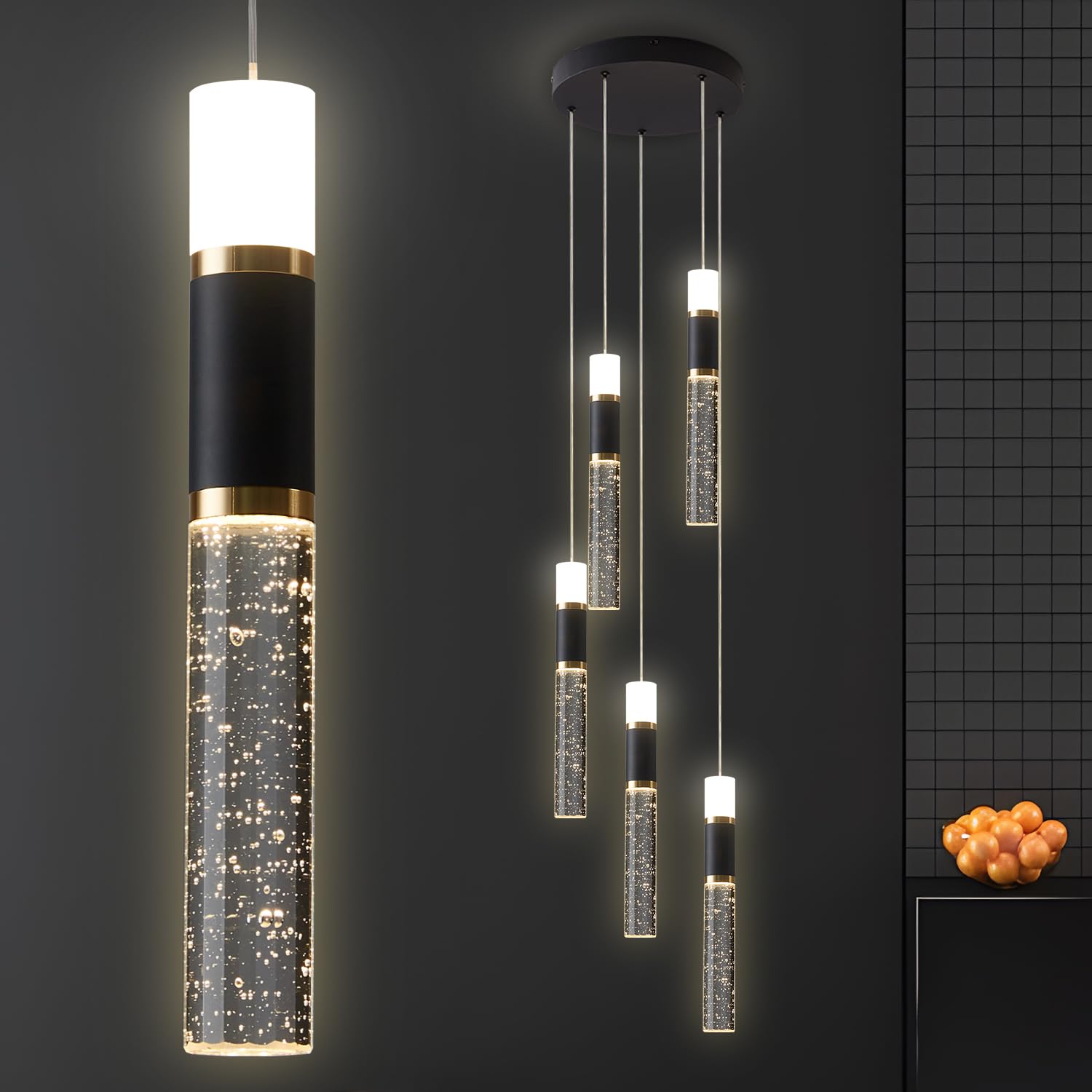 Pendant Light Fixtures, 5-Light Pendant Lights Kitchen Island,Modern Led Pendant Light Kitchen Island Lighting Dimmable With Remote,3000K-6500K Black And Gold Modern Chandelier For Dining Room