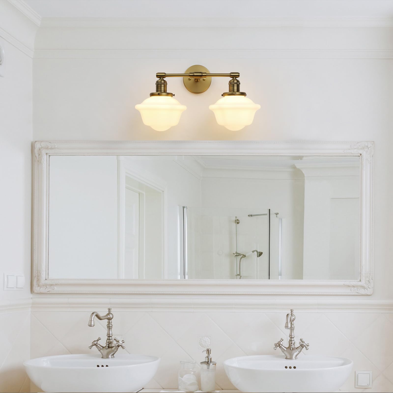 Pathson Wall Sconce Lights, 2-Lights Modern Classic Milk White Glass, Brass, Model XLUS1154D