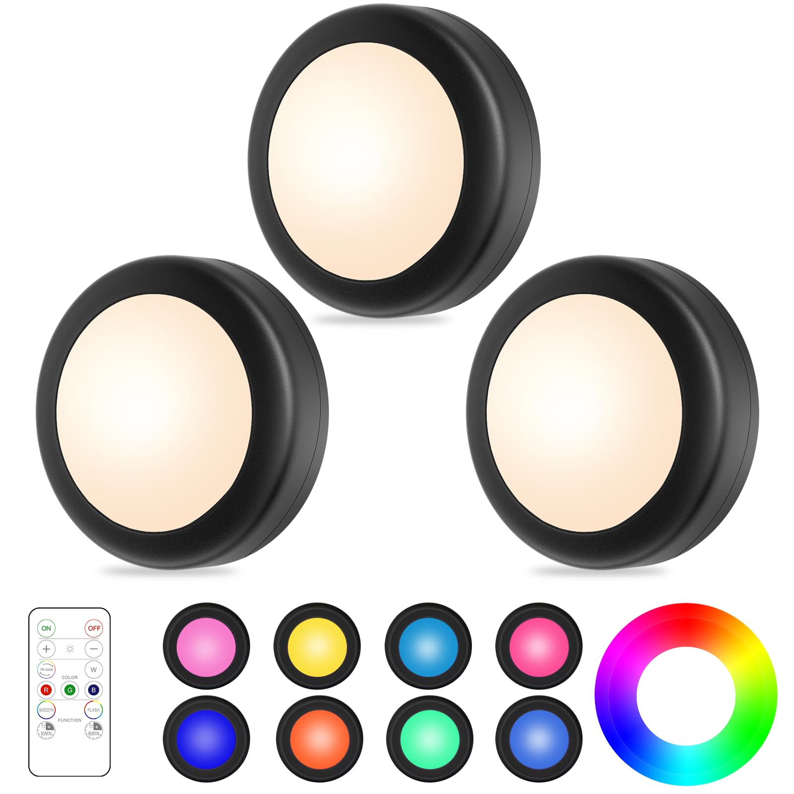 Yiliaw LED Puck Lights 3 Pack with Remote Control, 16 Color Options, Dimmer & Timer, Battery Operated, Black