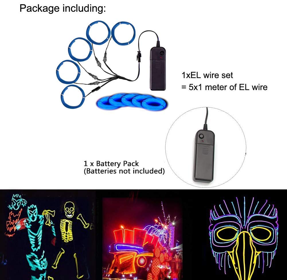 MaxLax Blue EL Wire, Noise Reduction Neon Lights Wire 5 in 1 Meter, Electroluminescent Wire for Halloween, Christmas Party, DIY