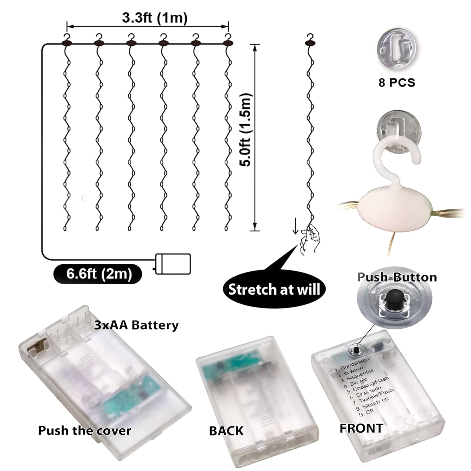 HXWEIYE Short Curtain Lights for Small Window, 3.3x5Ft Warm White Fairy Light with Timer & 8 Clips for Bedroom, Battery Powered