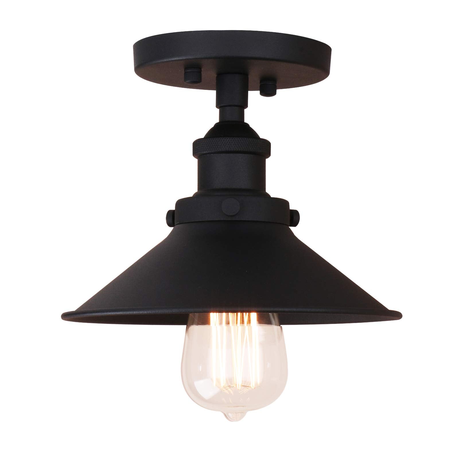 Pathson Vintage Ceiling Light with Metal Shade, Farmhouse Ceiling Lamp Fixtures for Hallway Loft Kitchen Bar, Matte Black Semi-F