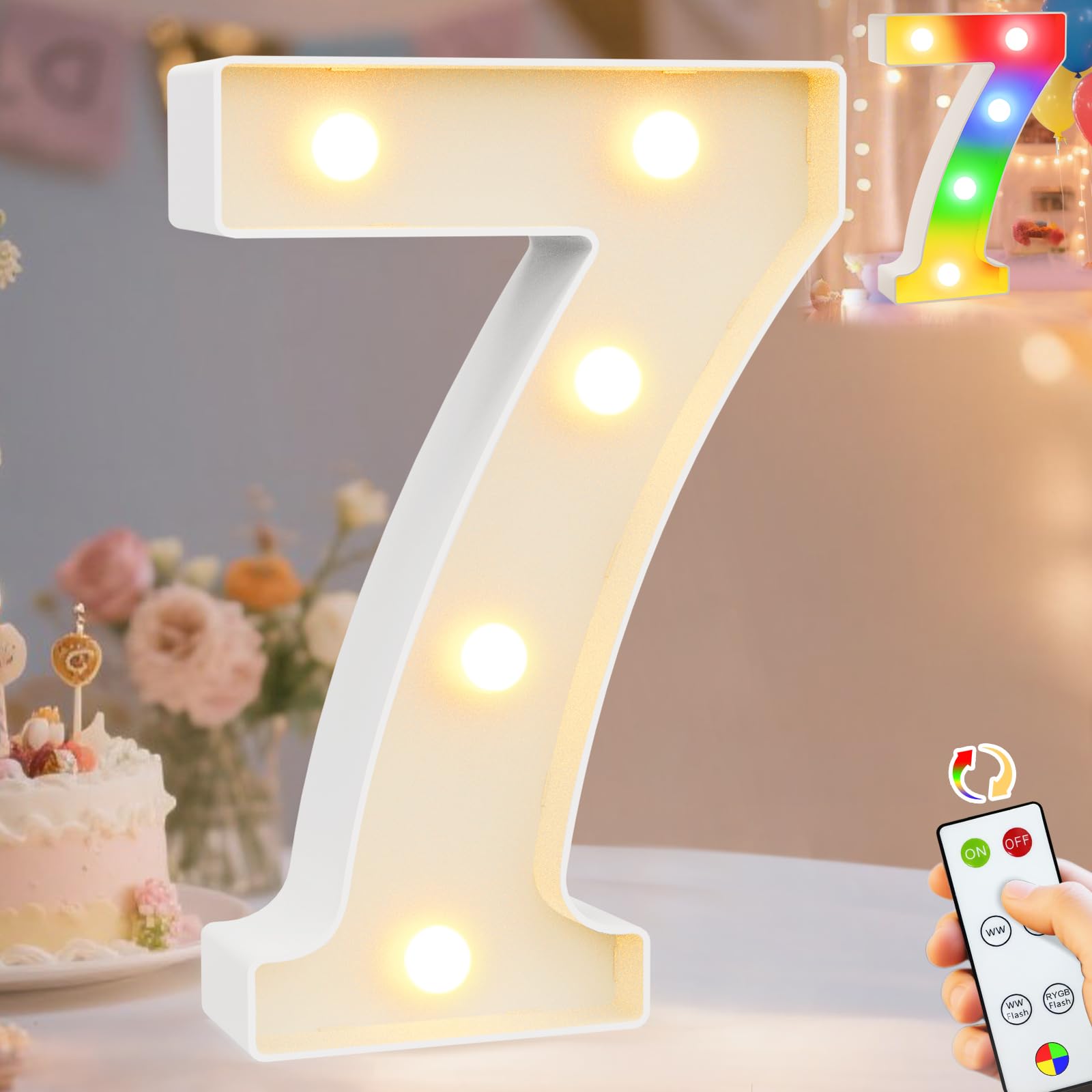 Pooqla Led Light Up Numbers 7  Warm White And Colorful Lighted Marquee Numbers With Remote  Lighted Numbers For 7Th 70Th Birthday Decorations  Gift For Girls Boys Her Him Anniversary Home Party Decor
