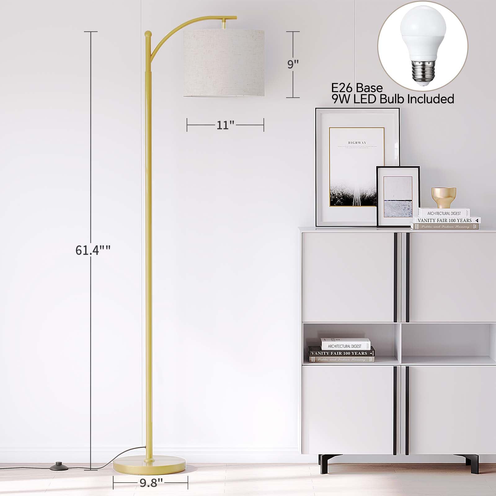 SUNMORY Arc Floor Lamp, Modern Design, 9W 3 Color Temperatures Bulb, Gold, Model MF18166A
