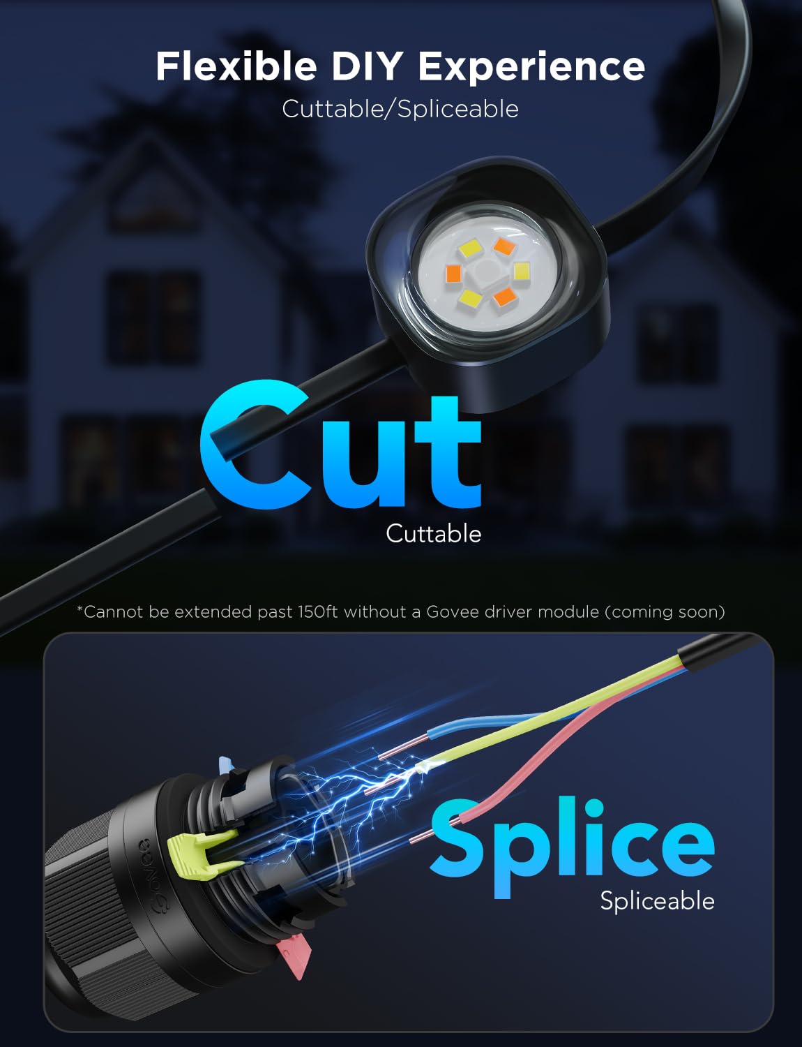 Govee Outdoor Lights Pro, 150ft, 90 RGBIC LEDs, 75 Scene Modes, IP67 Waterproof, Works with Alexa, Google Assistant, Black, Model H706B
