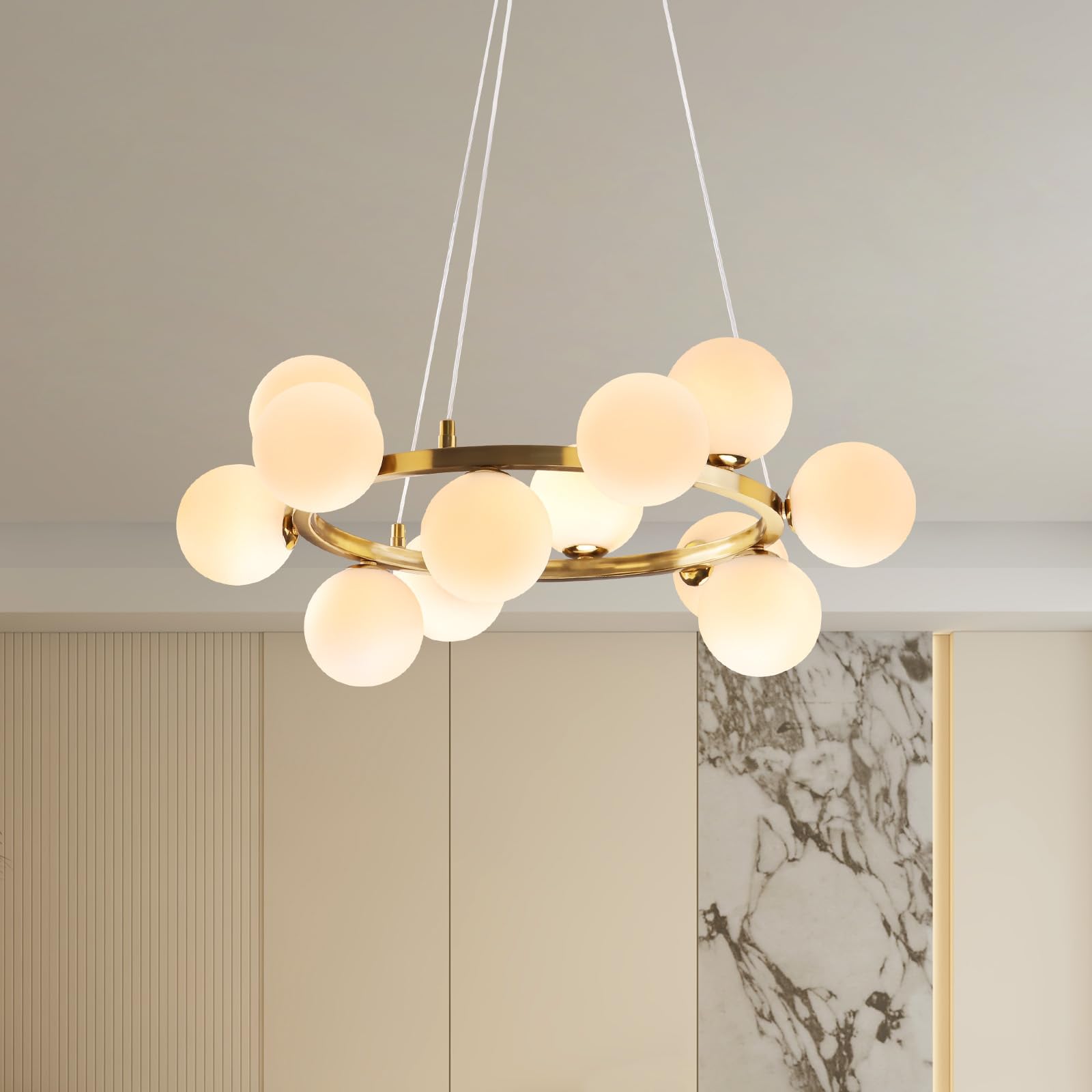 Modern Globe Chandelier, 12 Lights Gold Bubble Chandeliers 23.6'' Mid Century White Glass Globe Pendant Lighting For Kitchen Isl