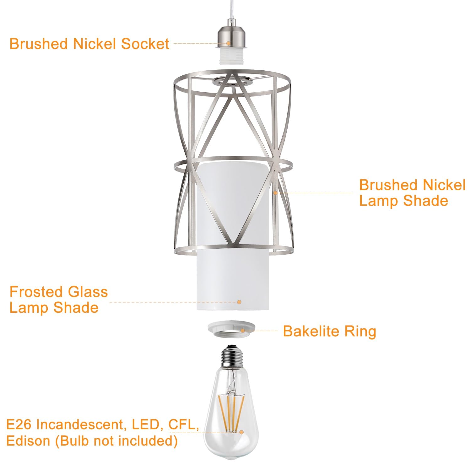 Zlierop Modern Pendant Light A93, Frosted Glass & Metal, Nickel, 5.4" x 7.9", Ideal for Kitchen Island, Dining Room, Foyer
