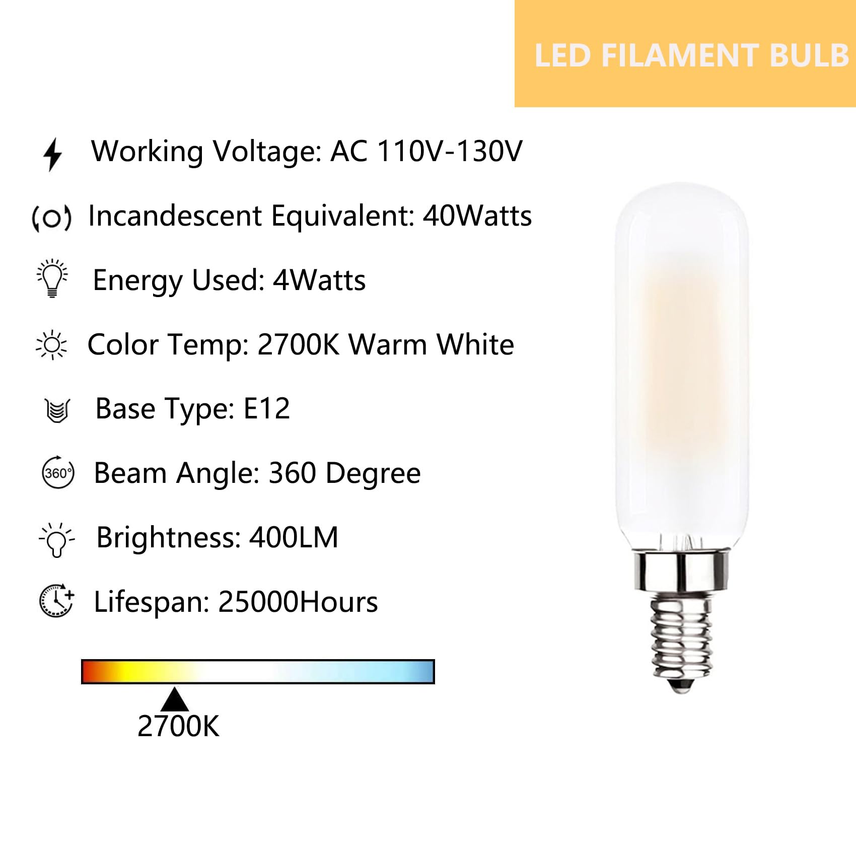 Sunaiony E12 Led Bulb Dimmable 40 Watt Equivalent E12 Candelabra Bulbs 2700K Warm White T6 T25 Led Edison Bulb, 6 Pack