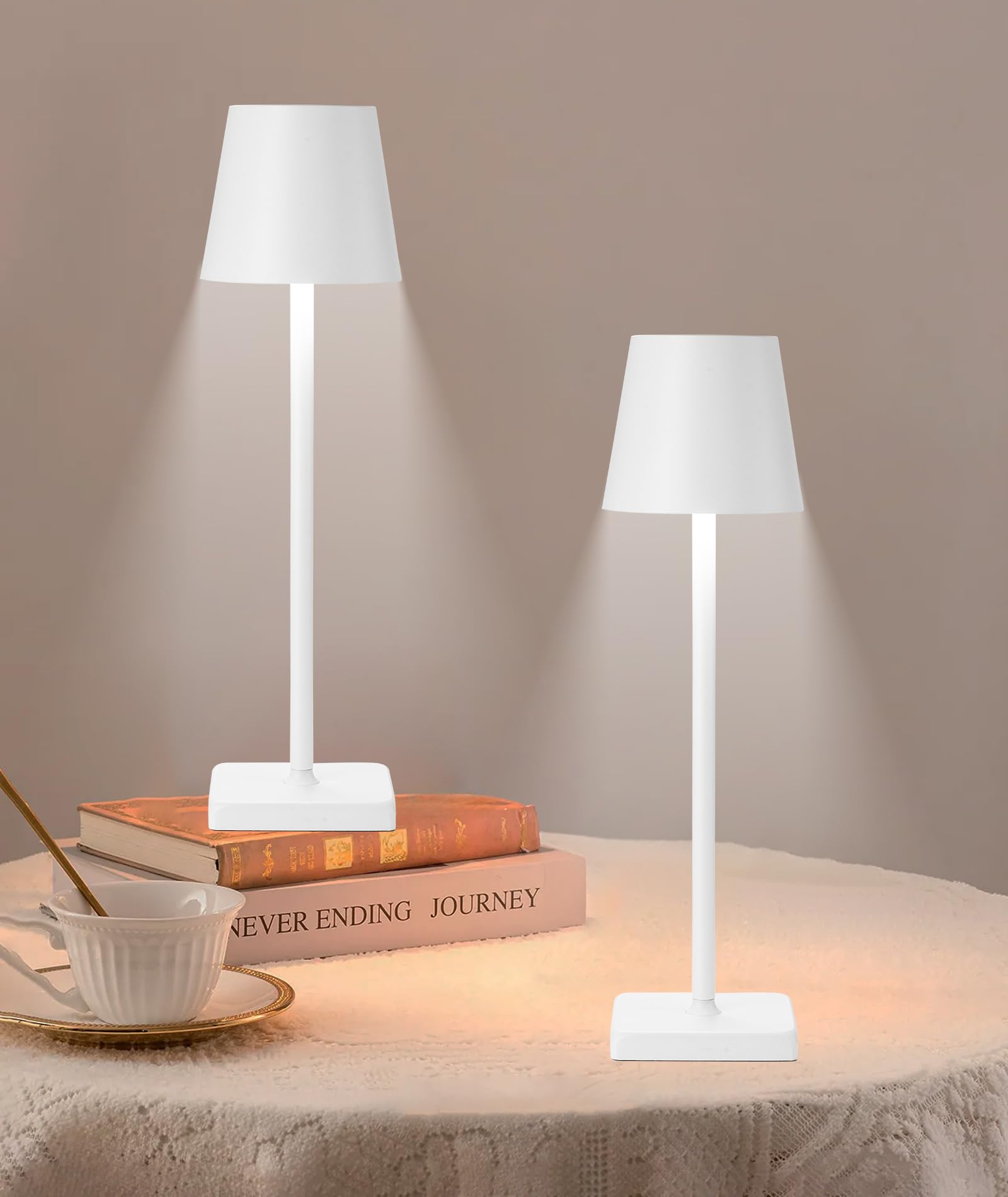 HASUN 2 Pack Cordless Table Lamp, Portable LED Desk Lamp, 5200mAh Battery Operated Lights, 3 Color Stepless Dimming Up, Night Li