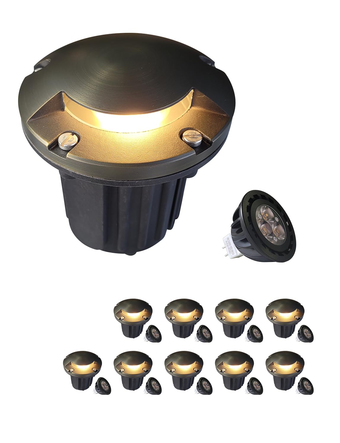 Malory Brass Top Cover Landscape Well Lights (5H) 12V Low Voltage Outdoor In Ground Lights 5W Landscape Lighting For Pathway  Driveway And Garden (One-Direction Turret  10-Pack With Bulb)