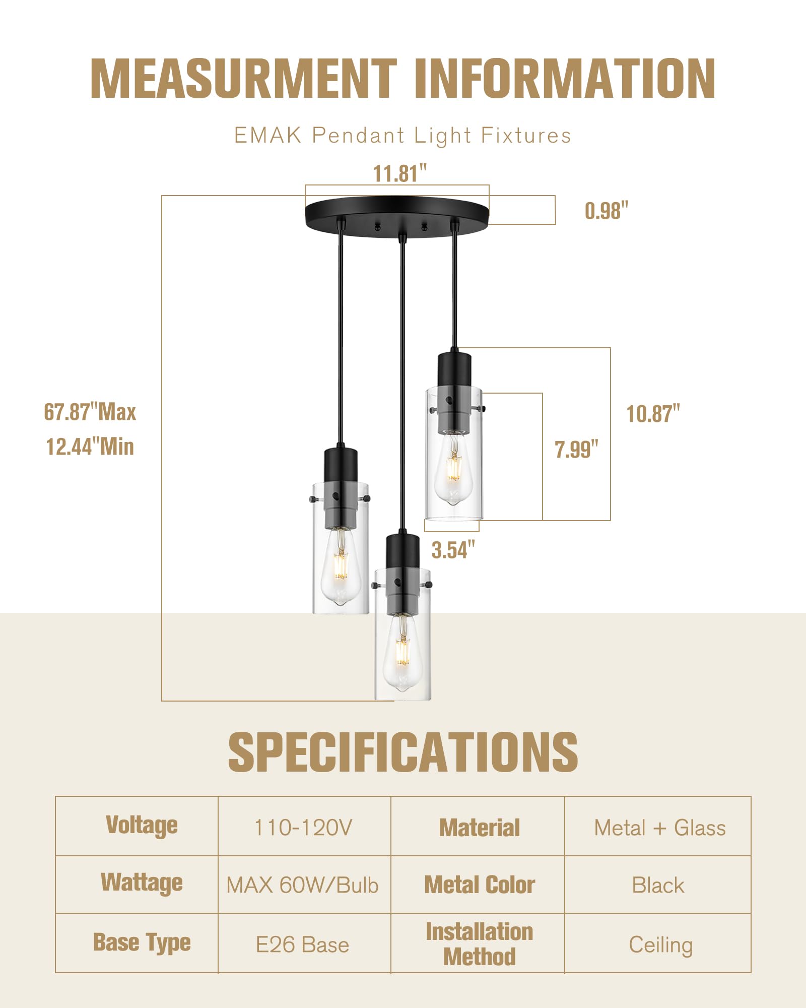 Emak 3-Light Pendant Lights Kitchen Island, Modern Farmhouse Black Pendant Light With Clear Glass Shade, Cluster Hanging Lights