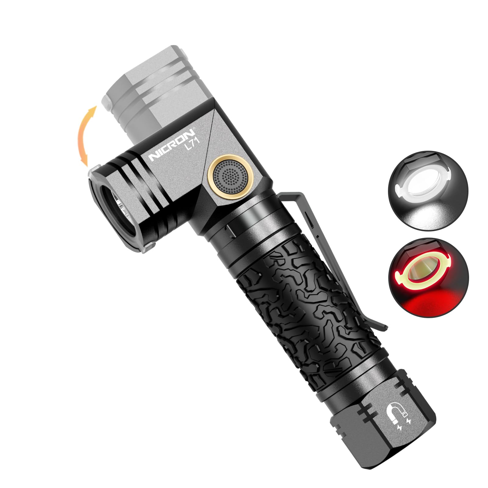 NICRON L71 Tactical Flashlight, 1800 Lumens, Type-C Rechargeable, 90 Degree, IP65 Waterproof, Small, Black, Aluminum