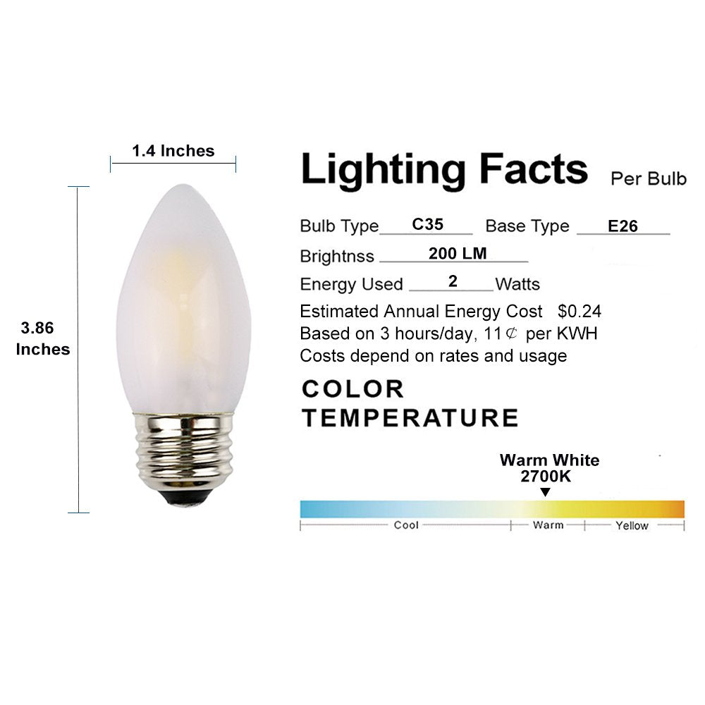 Opalray C35 2W Dimmable Led Candelabra Bulb, 25W Equivalent, Warm White,