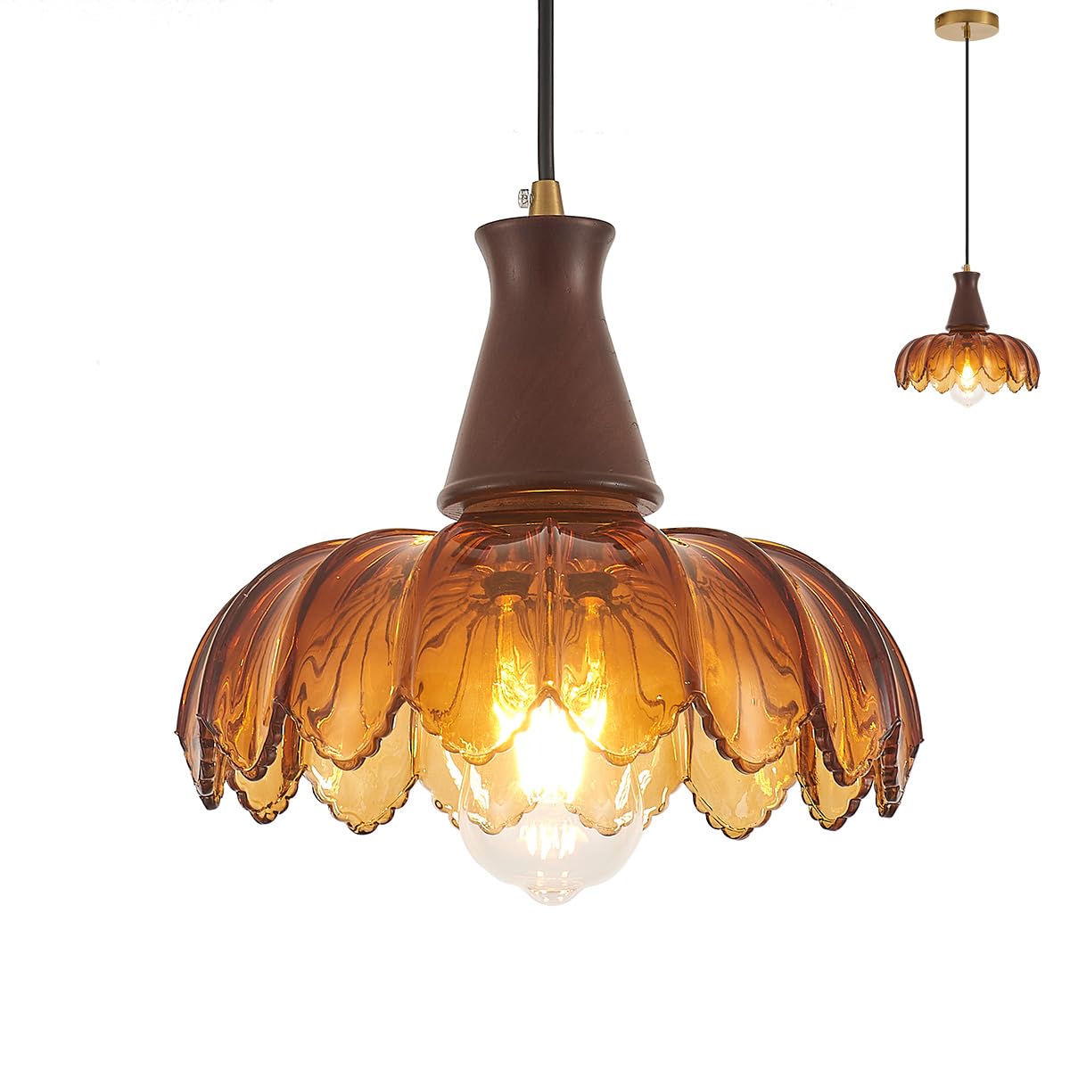 YLONG-ZS Pendant Lights Kitchen Island Vintage Hanging Kitchen Light Fixtures with Amber Flower Glass Walnut Wood Color Modern Hanging Pendant Ceiling Light for Island Dining Room Bedroom Living Room