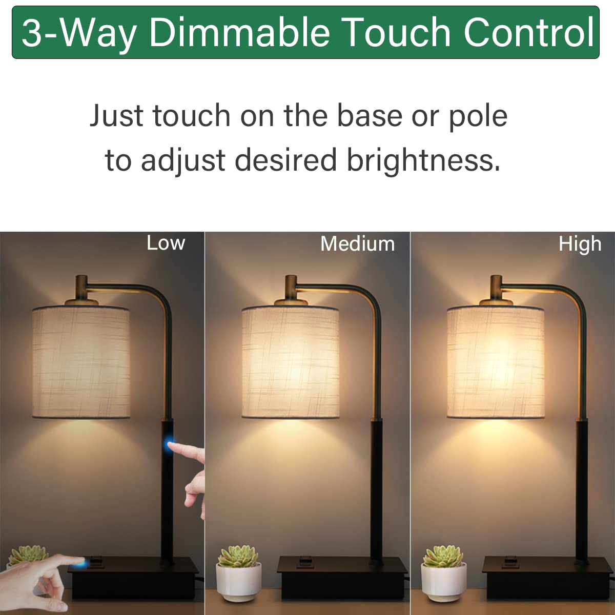 OYedis 3-Way Dimmable Touch Control Table Lamp with USB Port, Bronze & Black, Fabric Shade, Model T004