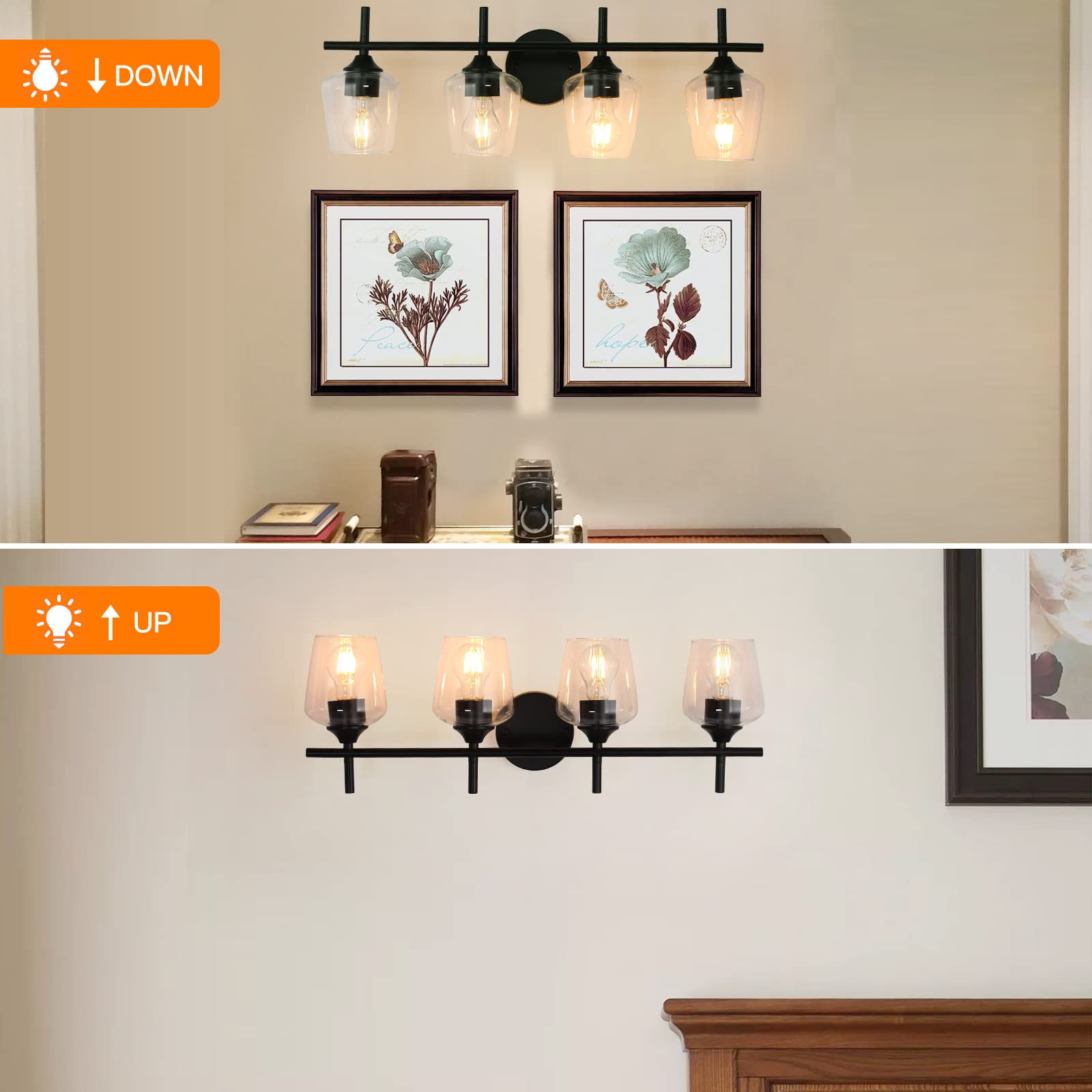 Foucasal Black Bathroom Light Fixtures - 4-Light Vanity Light With Clear Glass Shade, Industrial Matte Wall Lights For Bedroom H