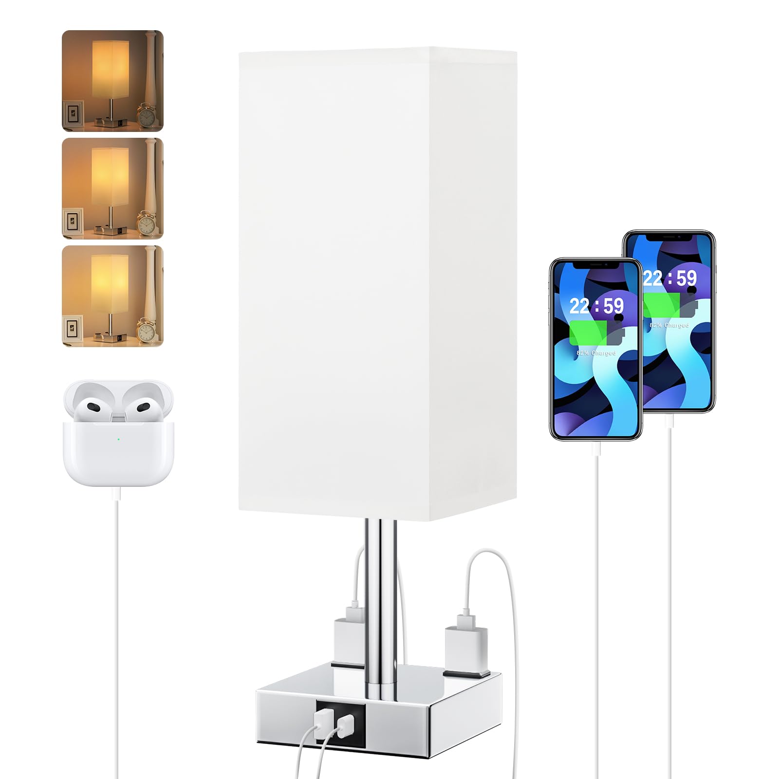 aooshine Touch Bedside Table Lamp - 3-Way Dimmable, USB A & Type C Ports, 14in, White & Silver, Includes E26 LED Bulb