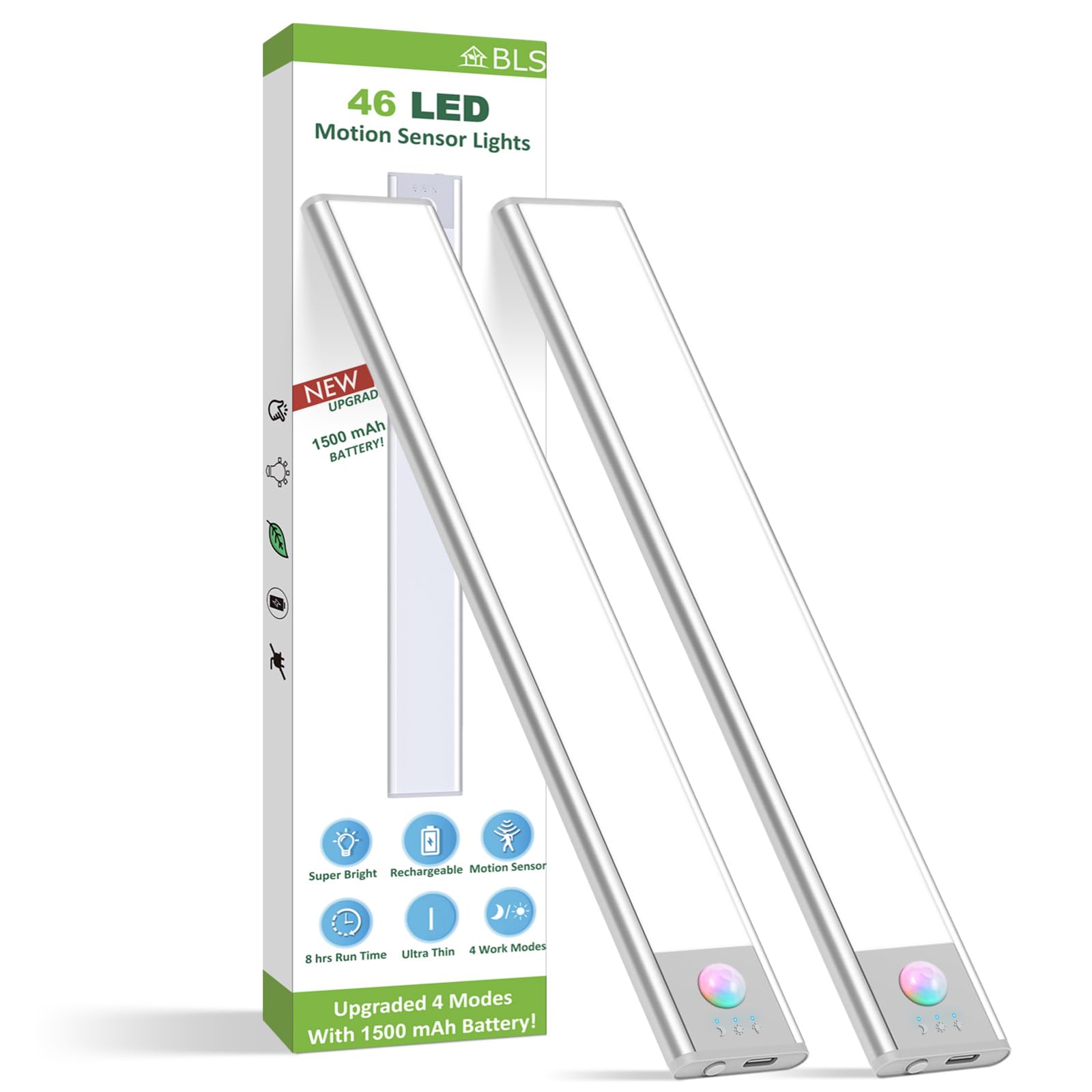 BLS Under Cabinet Lights, 46 LED lights Battery Operated Motion Sensor Light Indoor, USB C Rechargeable Closet Lights Motion Sen