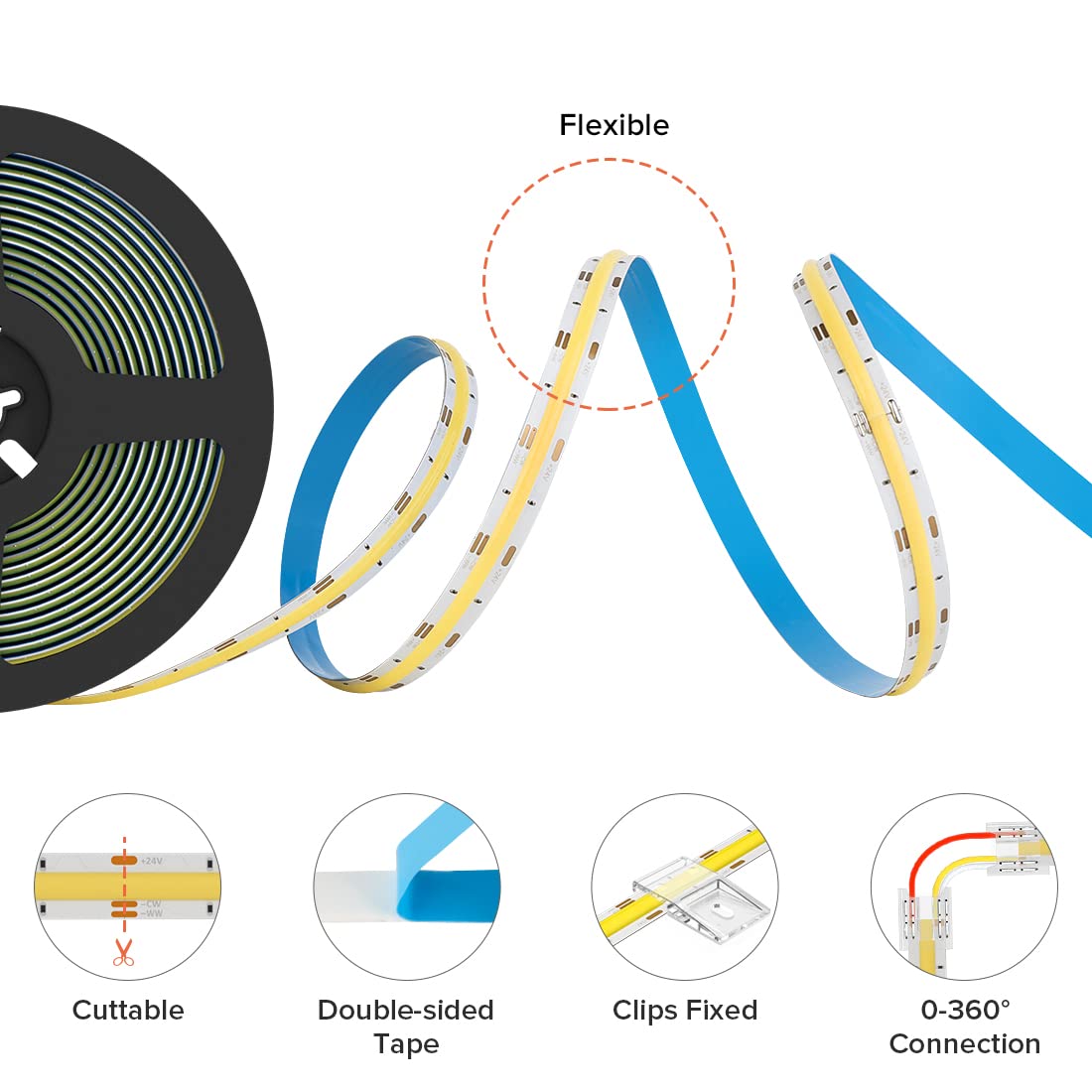 BTF-LIGHTING LED Strip Light 16.4FT 640LED/m Dimmable 3000K-6000K White DC24V Model FOB5M24V640LCCT