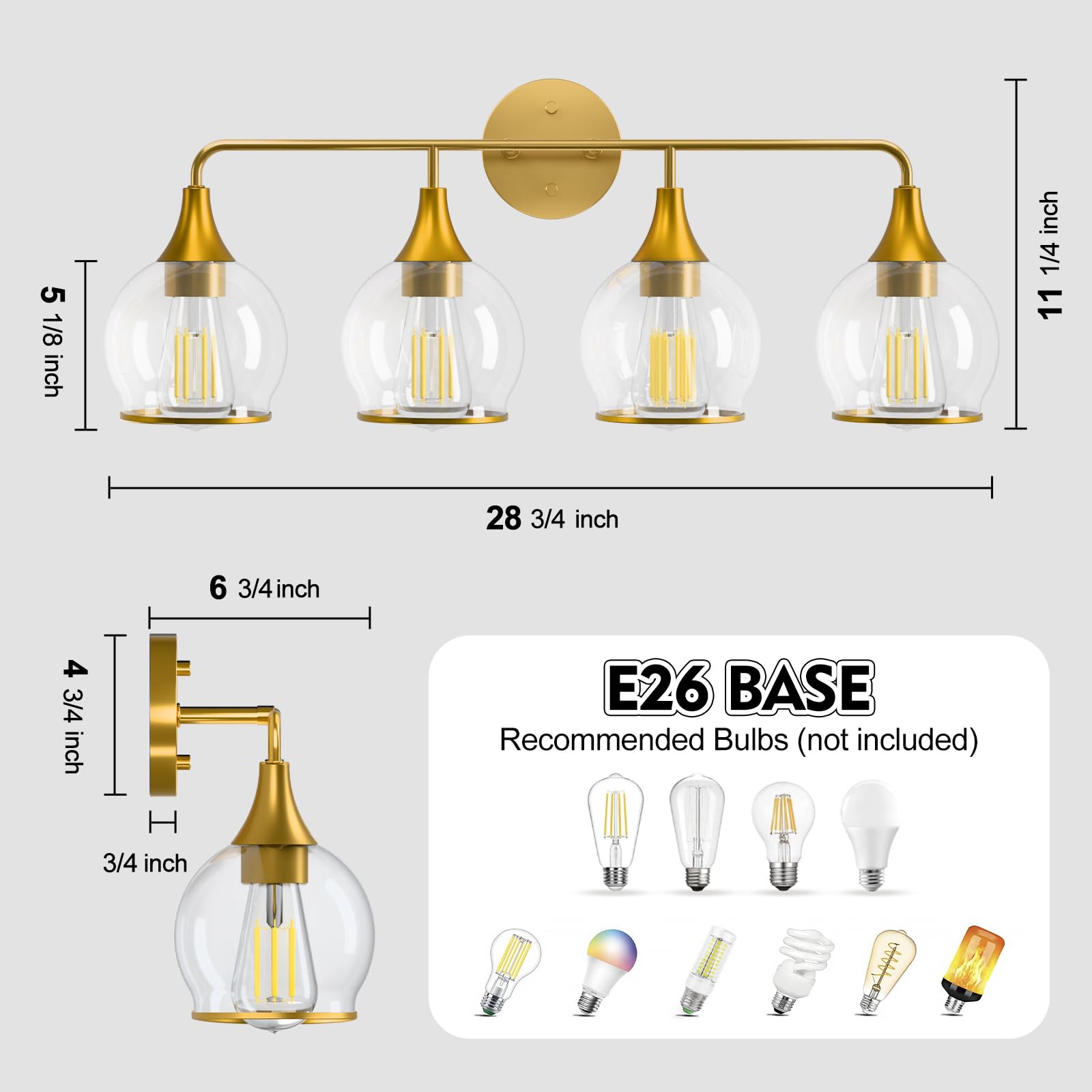 Lightania Bathroom Light Fixtures, 4-Light Vanity Lights with Clear Globe Glass Shade, Modern Gold Bathroom Vanity Light, Bathro