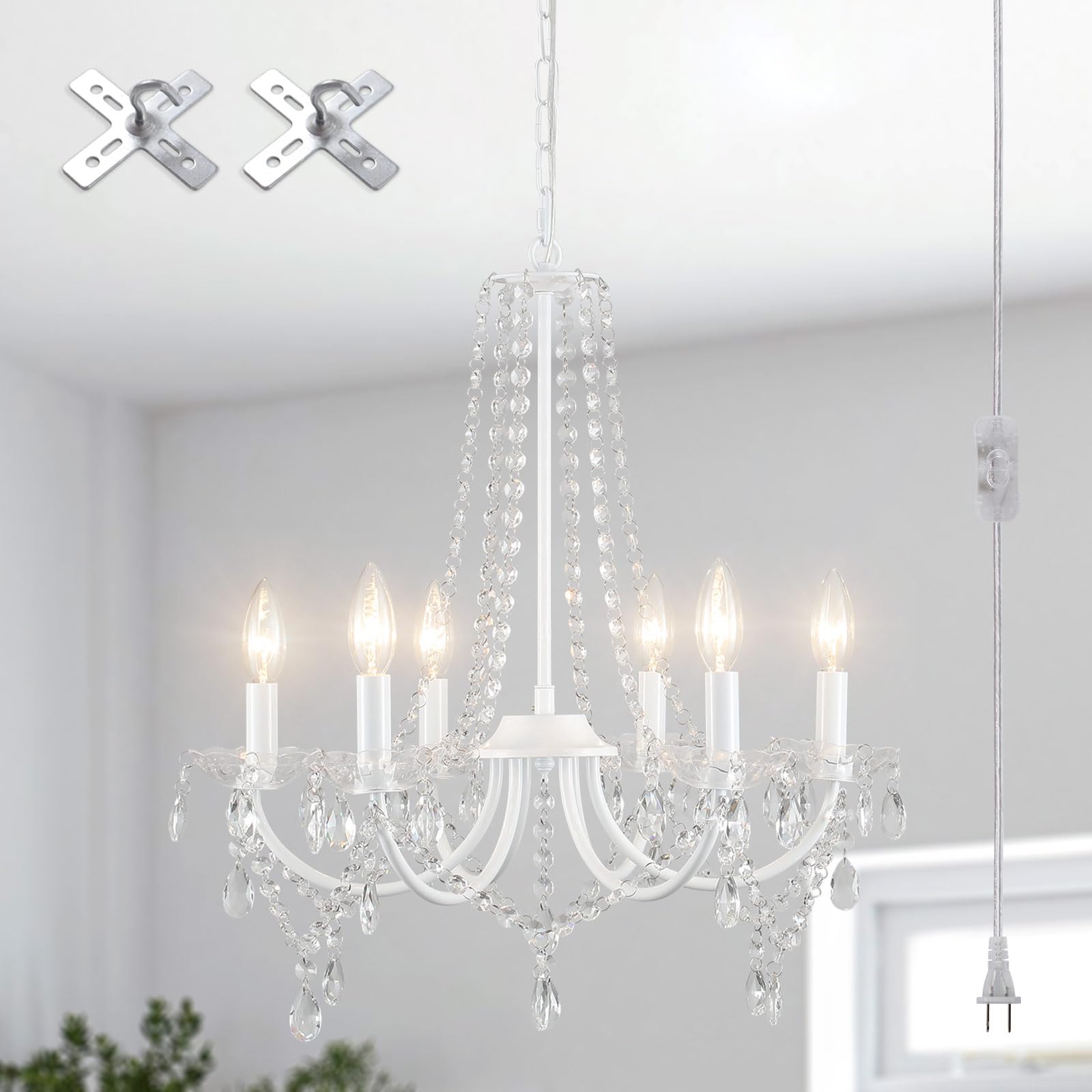Meijia Plug In Crystal Chandeliers Lighting Fixture 6 Light Modern Crystal Chandelier With 15.75Feets Plug In Cord White Mini Pl
