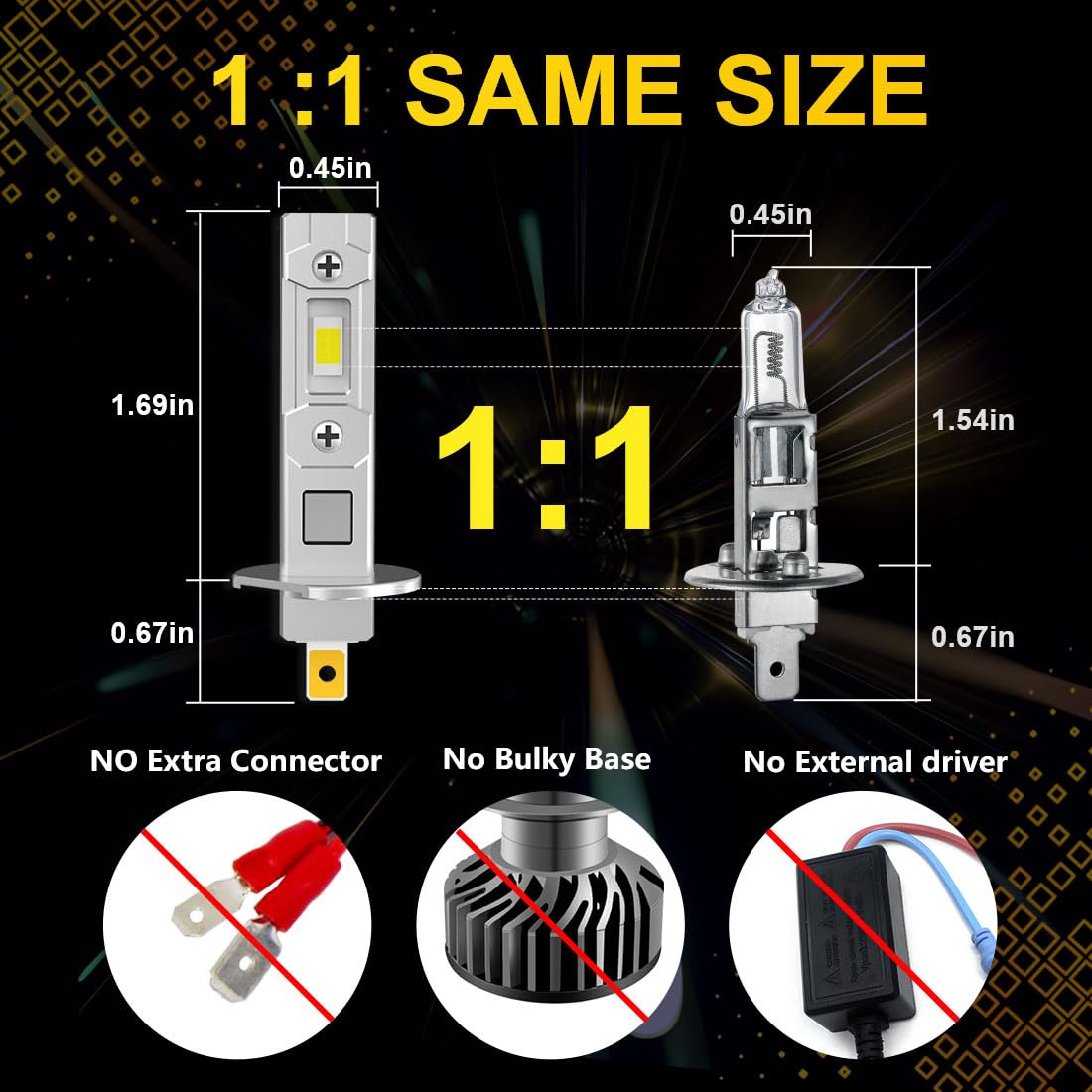 NOVCAPAR H1 LED Bulbs, 24000LM Super Bright 6500K Cool White, Mini Size Plug and Play, Silver, Pack of 2