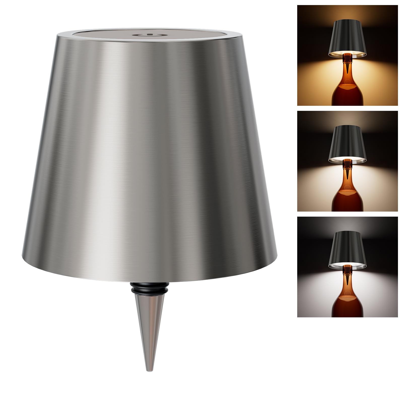 WOKWOYIO Wireless Bottle Lamp - Rechargeable LED Light, 3 Color Temperatures, Electroplating Silver Finish, Model YC012NA