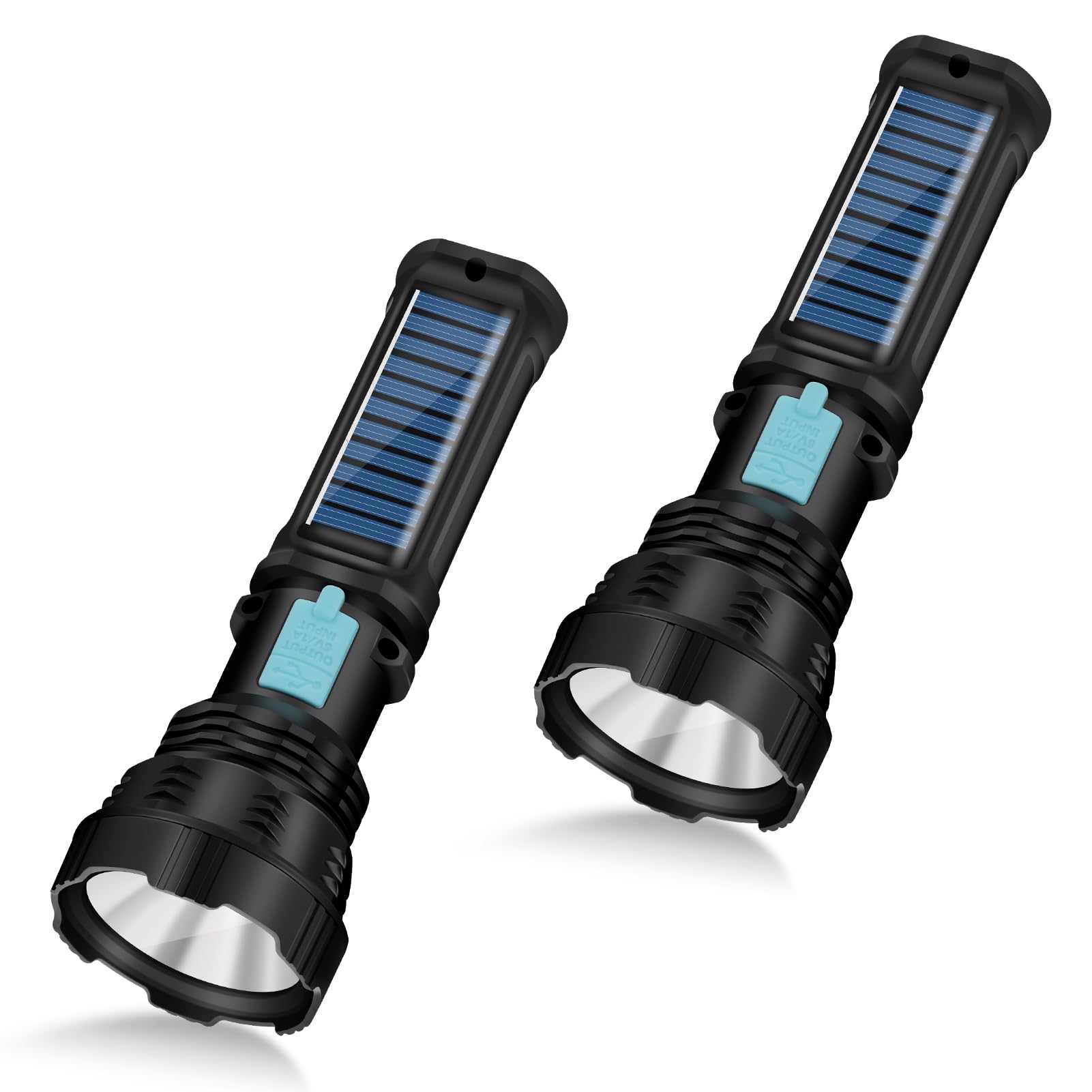 VOETIR Led Solar Flashlight, 1500 Lumens, IP65 Waterproof, 2000mAh Battery, 2 Packs, Black, Model VOETIR-F