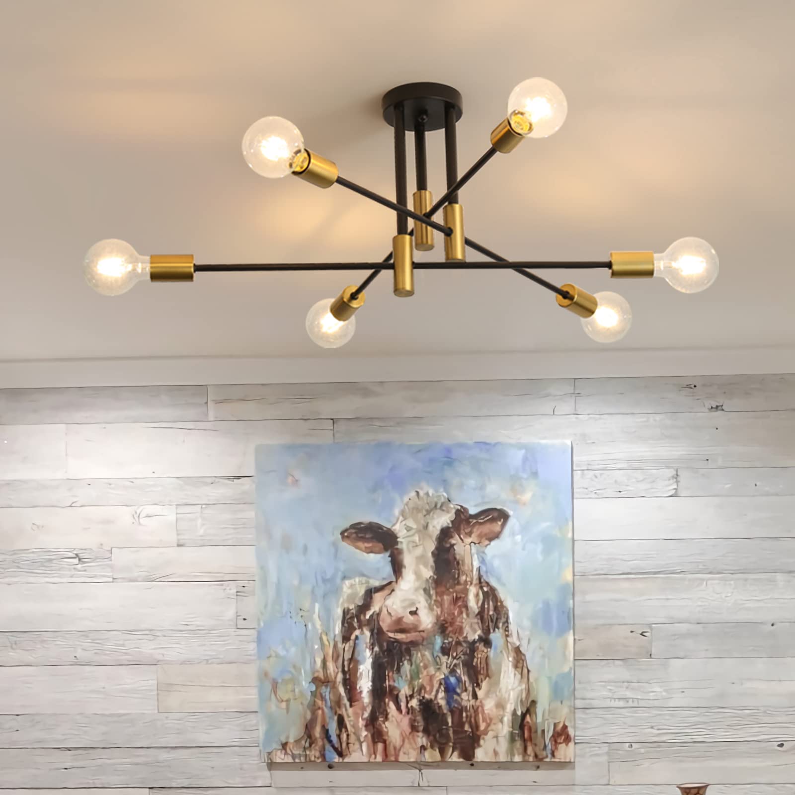 DELIPOP 6-Light Sputnik Light Fixture, Black Gold Mid-Century Modern Ceiling Light for Dining Room, Kitchen, Living Room, Bedroom