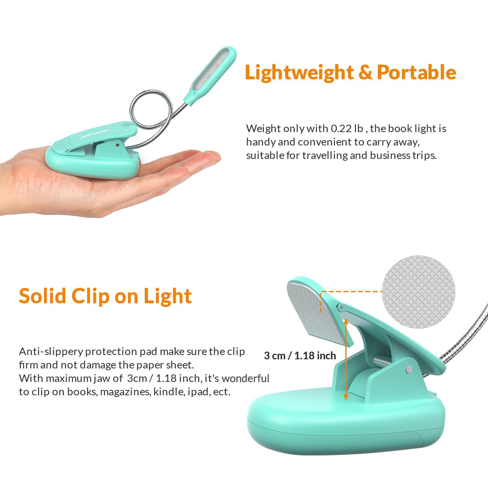 Lepower Clip On Book Light/Reading Light/Clip Lamp With 5 Led Eye Care, 3 Color Changeable, Portable Reading Lamp, Battery Opera