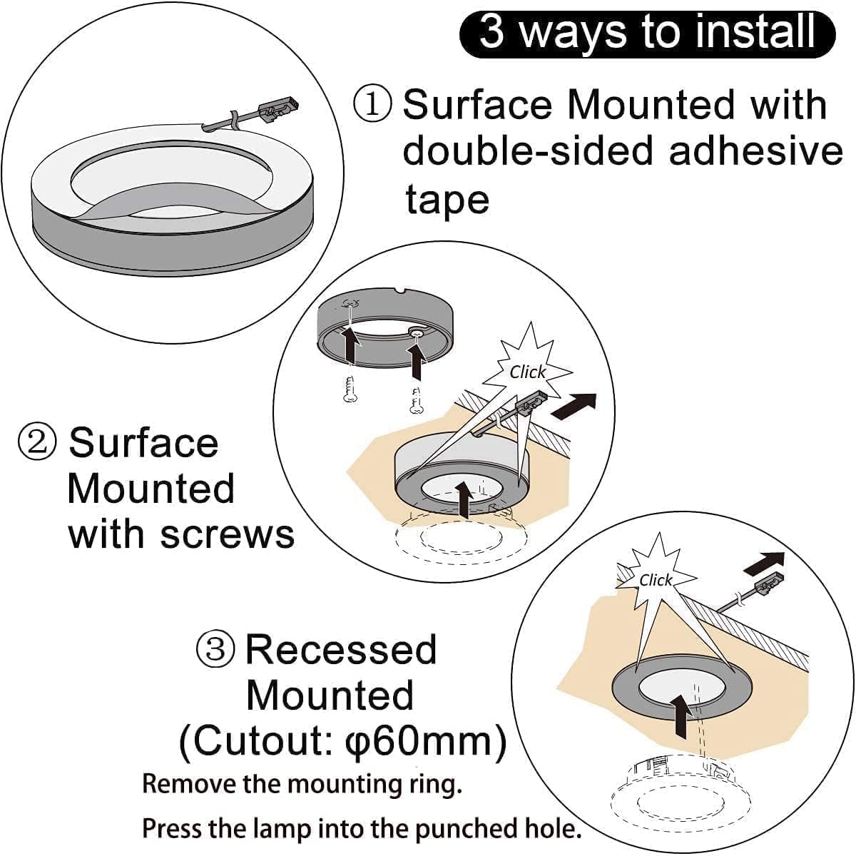 VST Under Cabinet Lighting Puck Lights, 3000K Warm White, 12V 2W, Black 10 Pack, Wired Touch Dimmer Switch, Model PL05