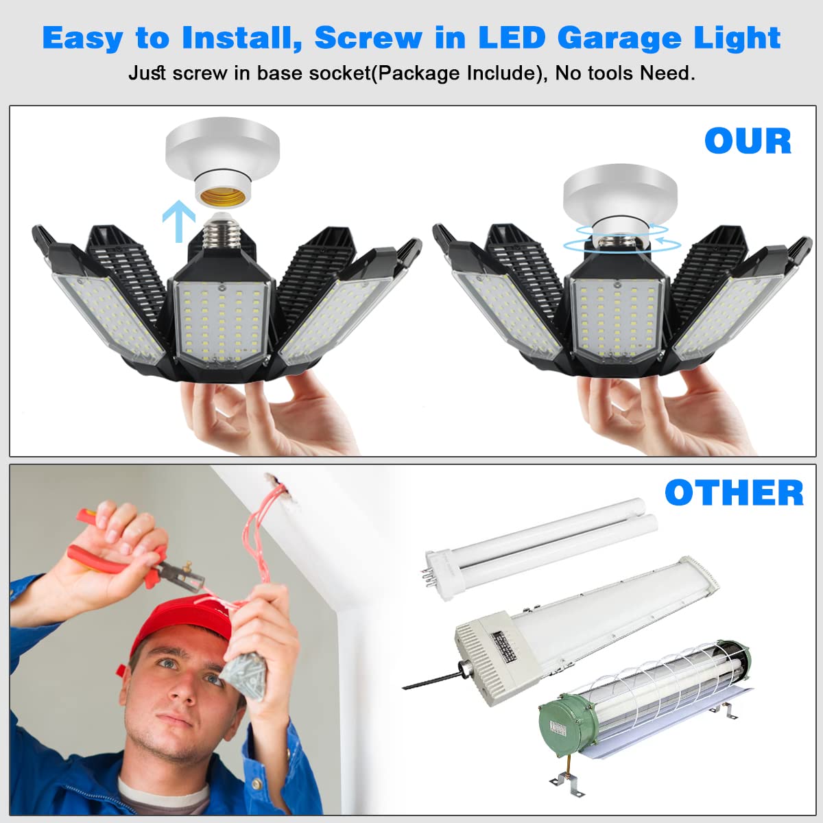 POLARPRA Garage Light 40000LM 200W LED 6500K with 8 Deformable Panels, E26/E27, Black, Model JP-CKD-1,