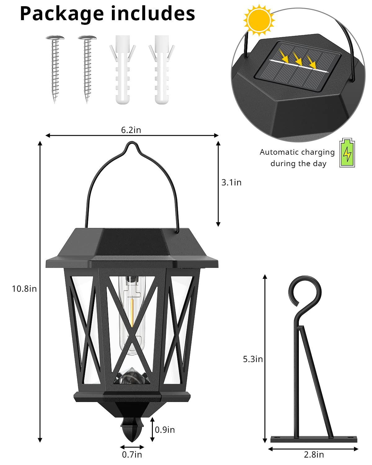 Teklaps Solar Lanterns - Waterproof Metal Hanging Lights, Led, Black, 2 Pack, Model Zz-24A, Ideal For Yard & Garden