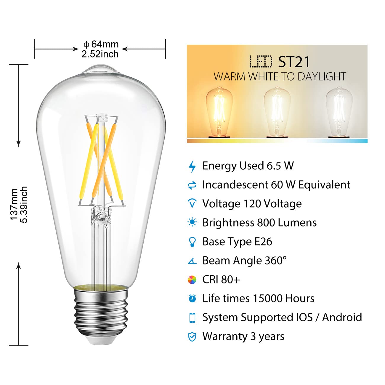 Lvwit St21 Edison Smart Bulb Wifi Dimmable Vintage Led Light Bulb, 60 Watt Equivalent, E26 Base, 2700K - 6500K, Compatible With Alexa, Google Assistant, No Hub Required,2 Pack