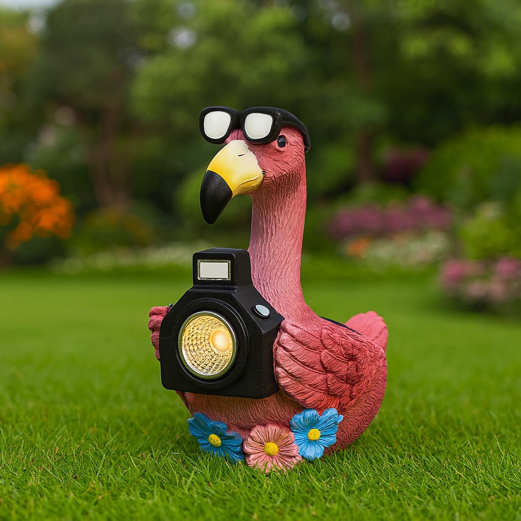 GoGnome Solar Flamingo Garden Statue with Camera Light - 5.5in Tall Solar Powered Outdoor Figurine for Yard, Patio, Balcony - Fu