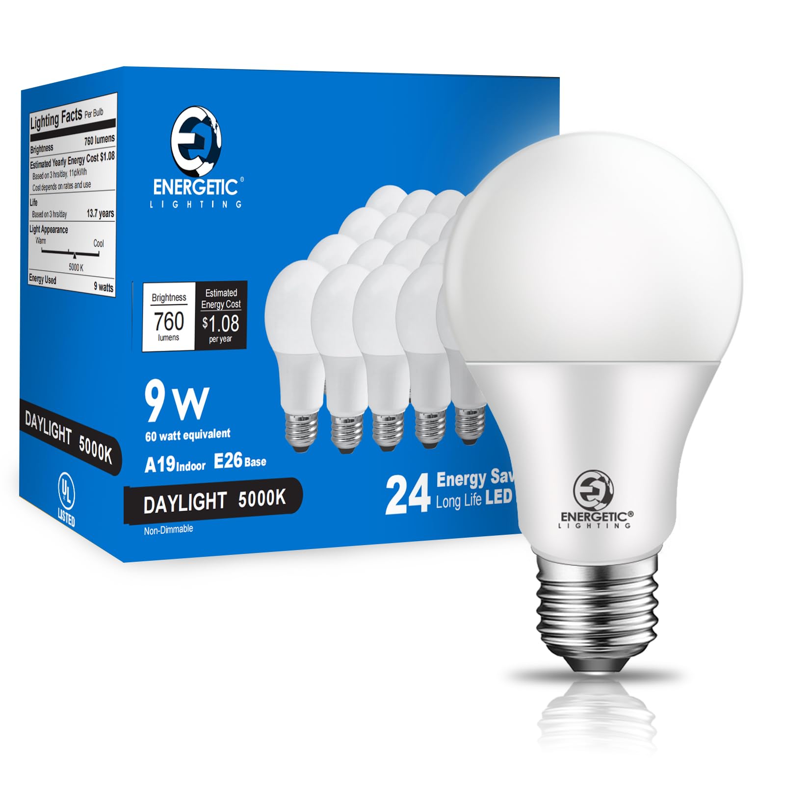 Energetic Light Bulbs 60 Watt Equivalent, A19 Daylight Led Light Bulbs, 15000 Hrs E26 Base, 9W 760Lm 5000K Light Bulb, Ul Listed