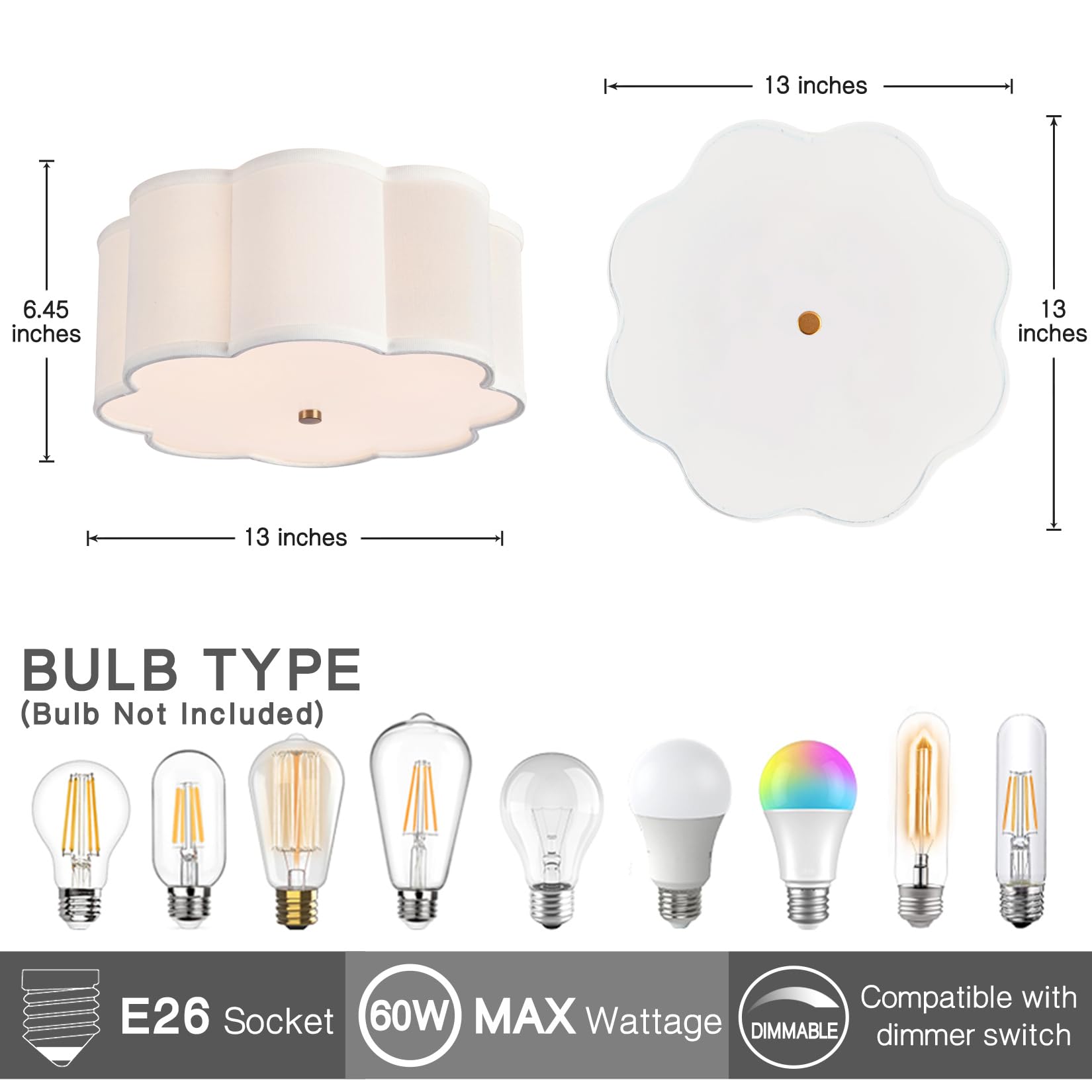 Bargeni Semi Flush Mount Ceiling Light,13 Inch Drum Ceiling Light Fixture,Light Fixtures Ceiling Mount With Cream White Fabric S
