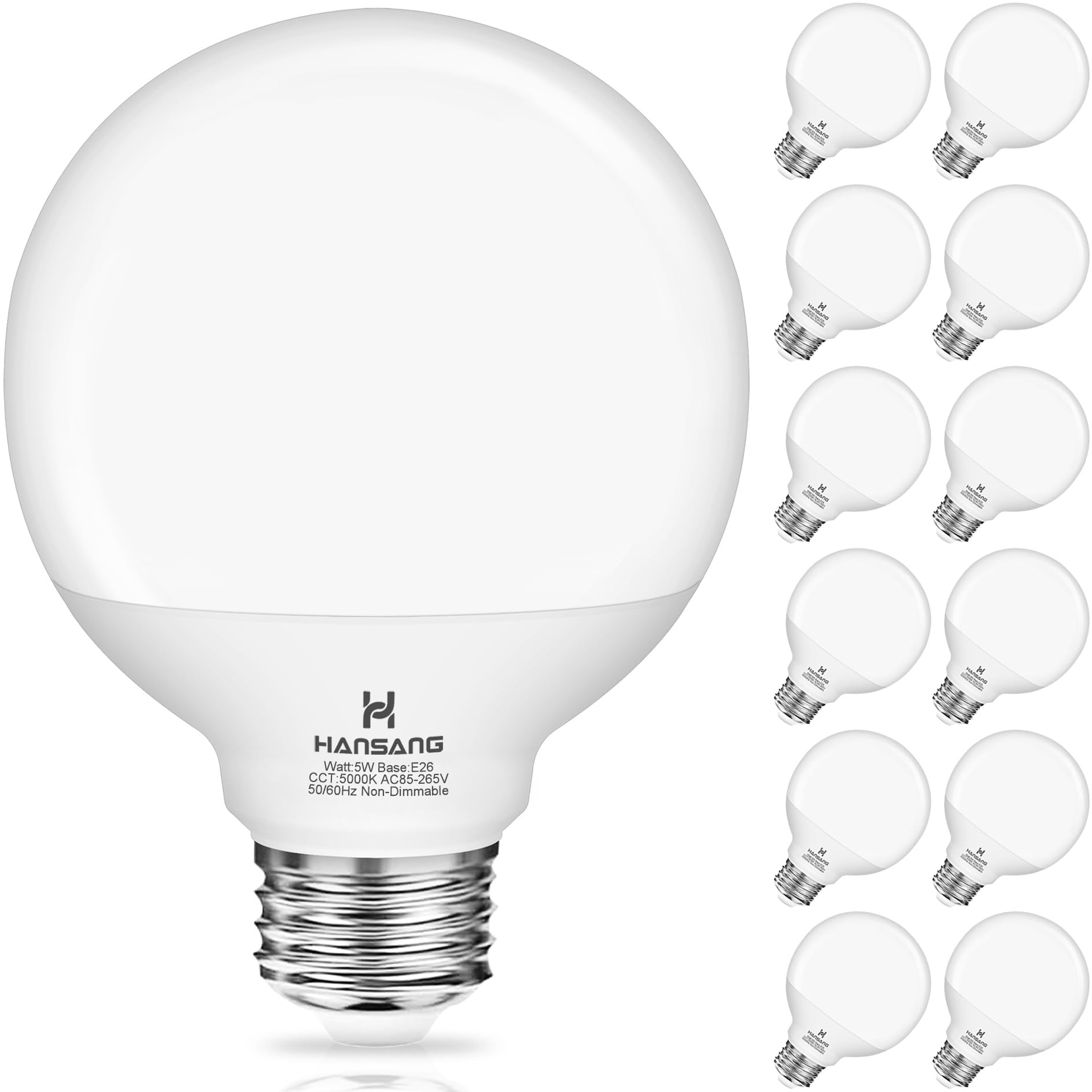 hansang 12 Pack LED Globe Light Bulbs, 5000K Daylight, 60W Equivalent, E26 Base, G25 Vanity Bulbs, Non-dimmable, CRI