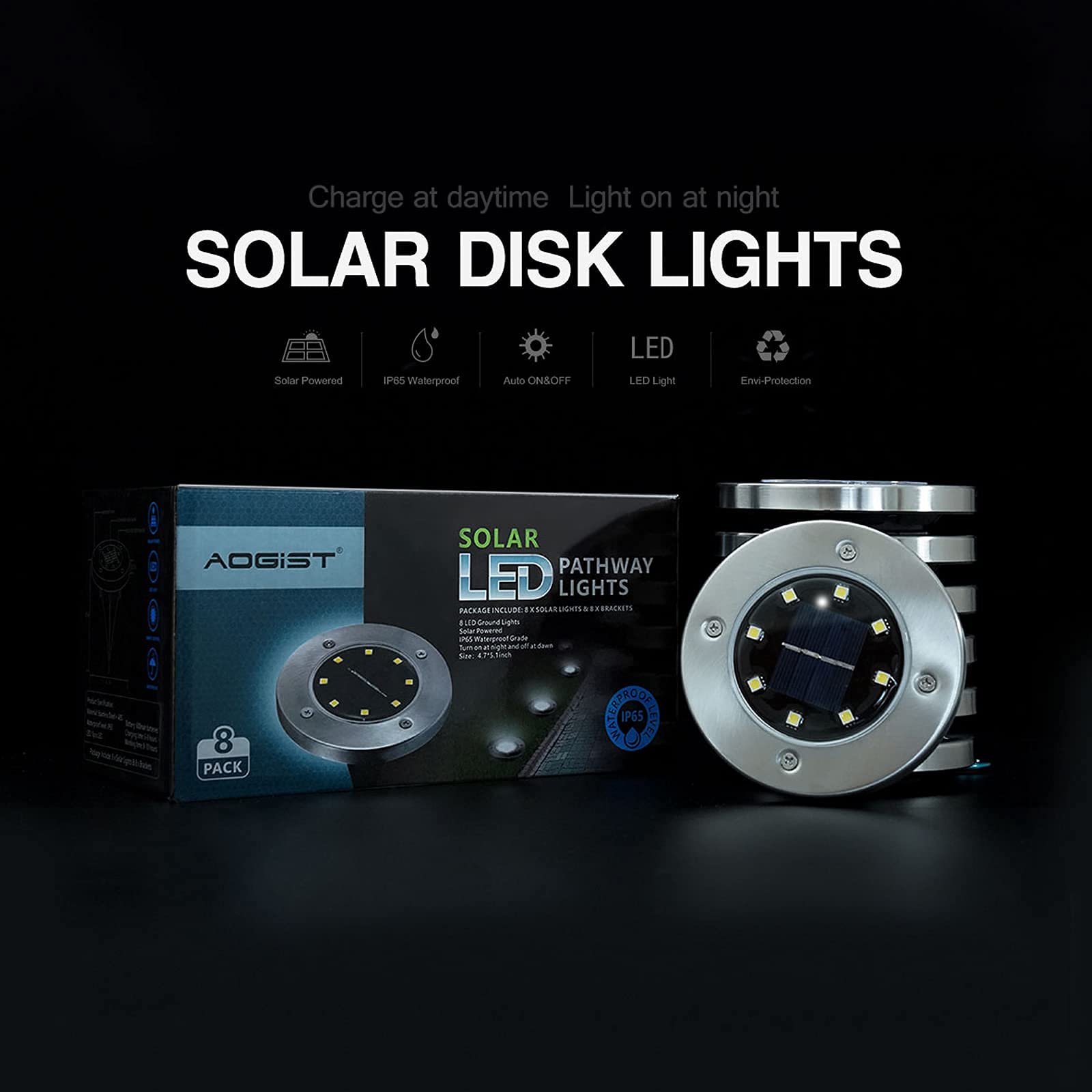 Aogist Outdoor Solar Ground Lights, 8 LED Waterproof Garden Disk Lights, Stainless Steel, 8 Pack, White