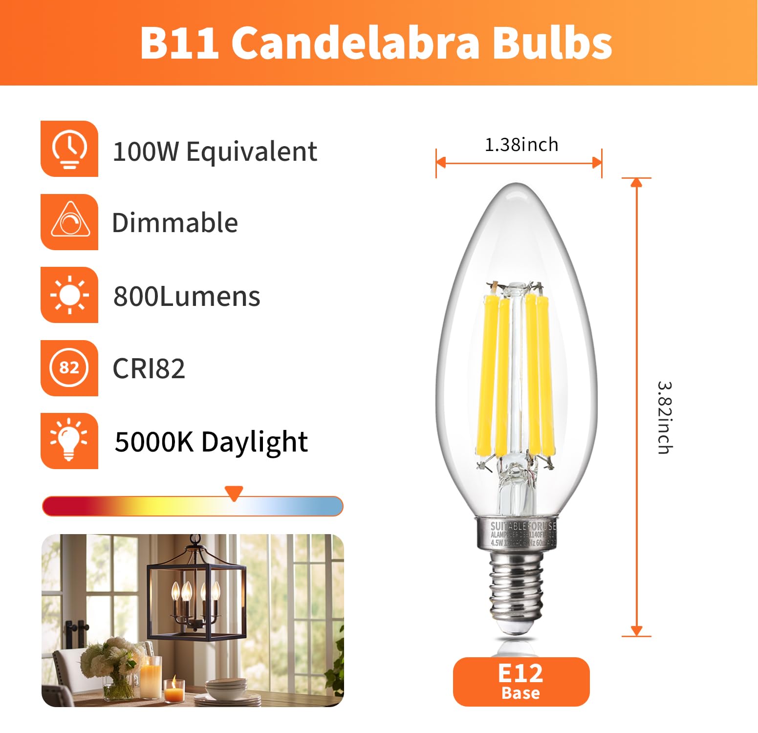 ALAMPEVER E12 LED Bulb 100W Equivalent, 800LM Dimmable, B11 5000K Daylight White, 5.5W, 12 Pack,