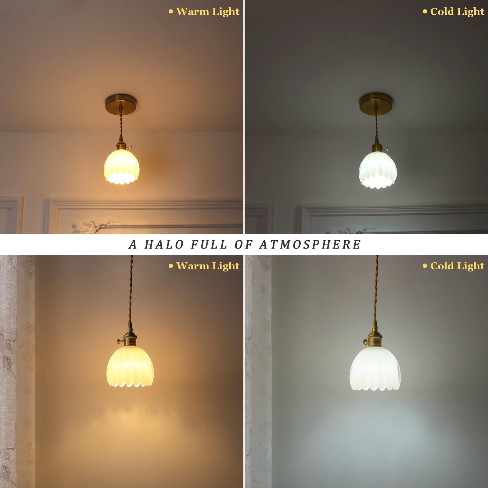 Shenmoyl Mini Pendant Light 2 Pack With White Tulip Glass Lmapshade, Brass Vintage Pendant Light Adjustable Hanging Light For Ki